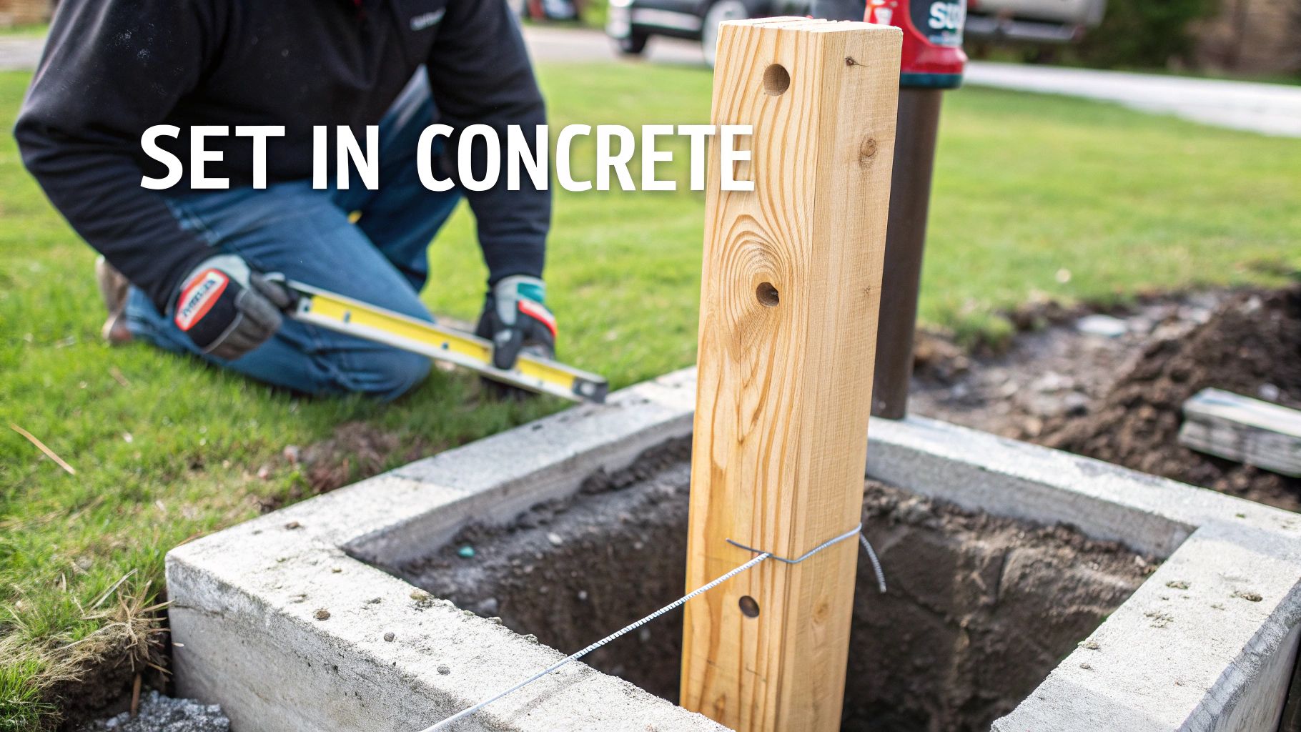 A person sets a wooden post in a concrete foundation, using a level to ensure it's straight.