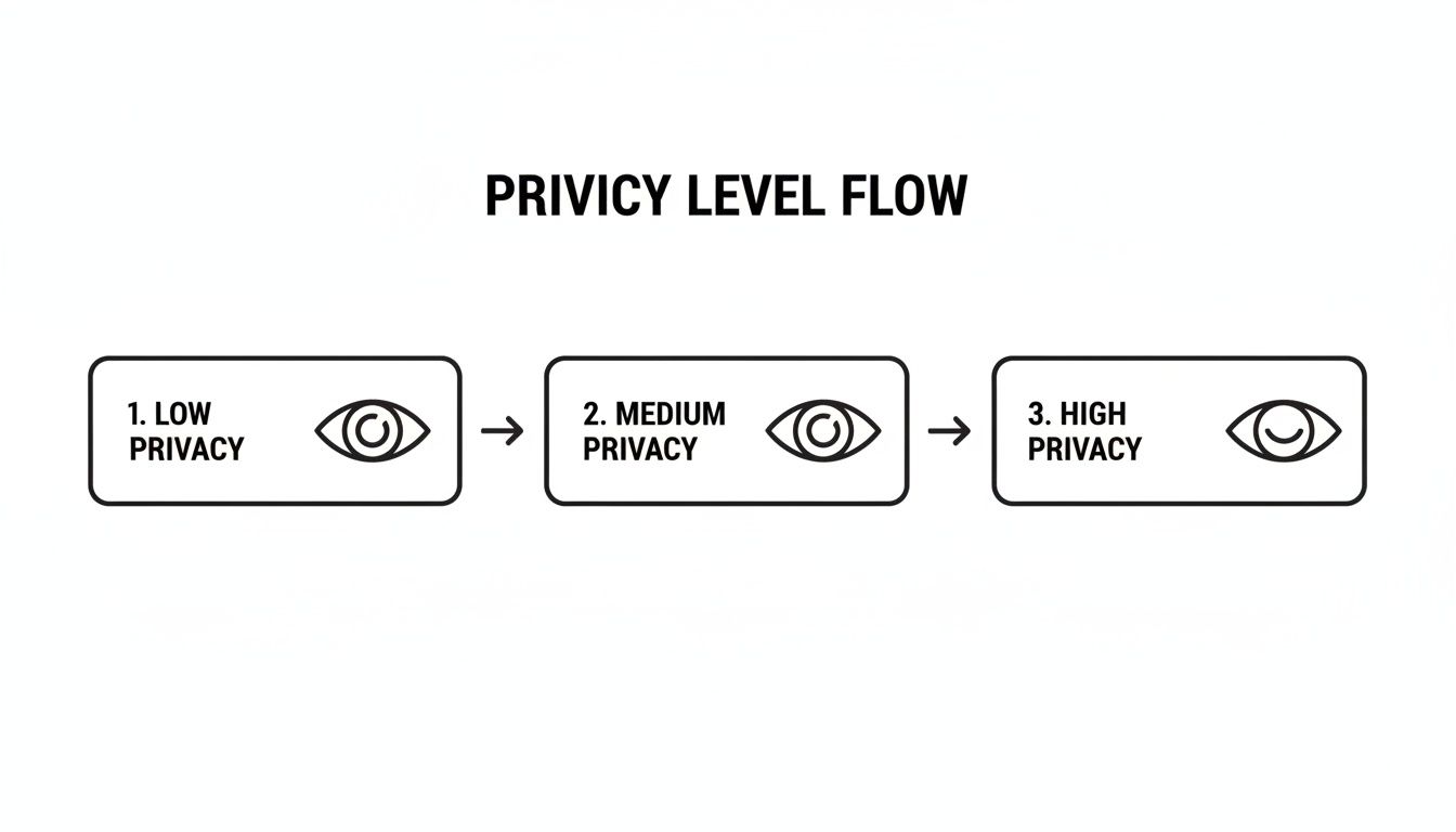 A flow chart showing privacy levels from low to medium to high, depicted with eye icons.
