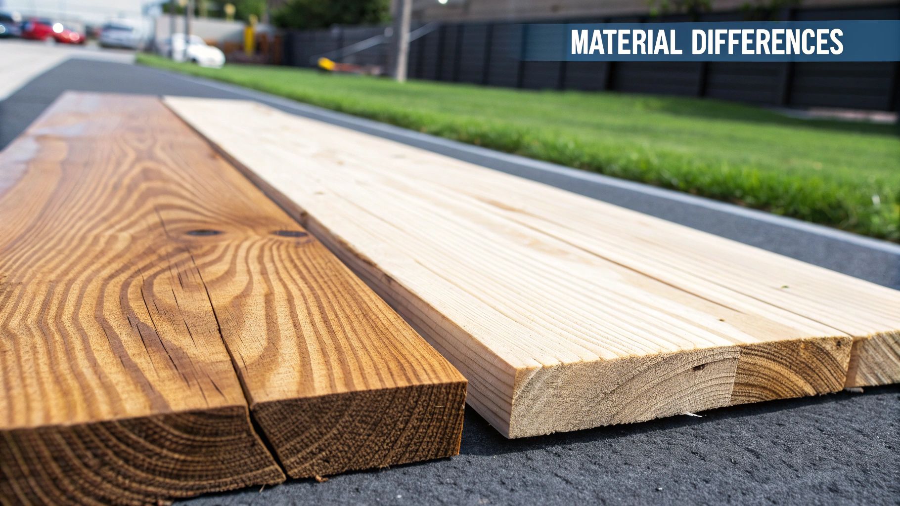 Comparison of two wood planks: a dark, treated one and a light, natural one, on asphalt.