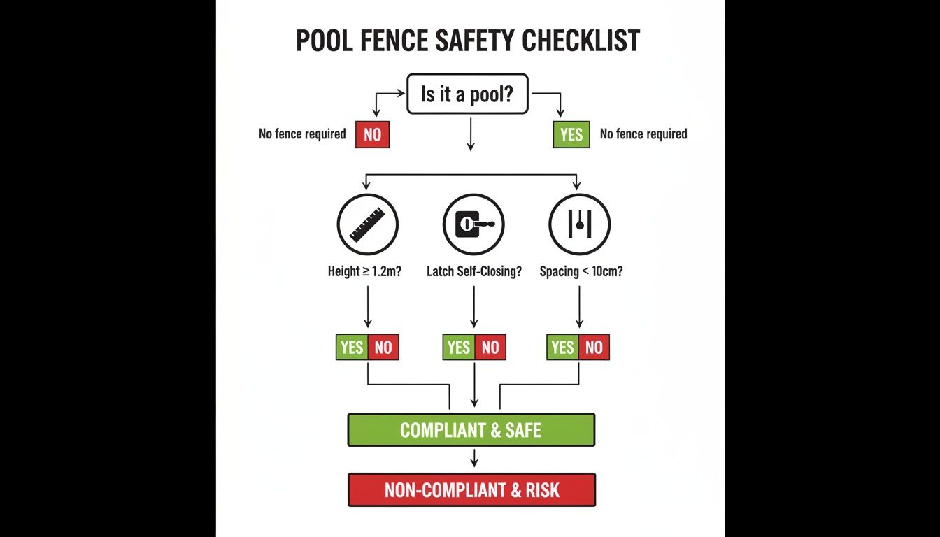 Flowchart outlining a pool fence safety checklist, detailing requirements for height, self-closing latches, and spacing.