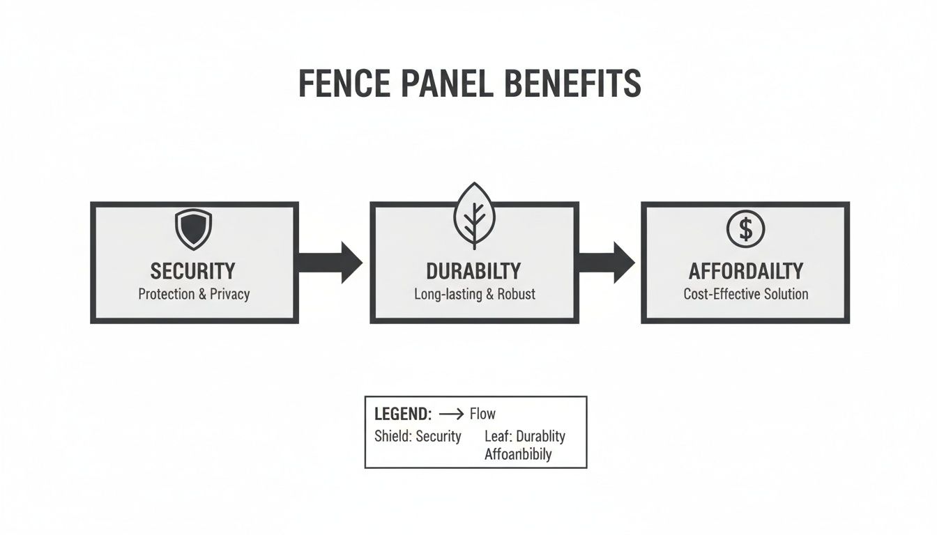 Flowchart illustrating fence panel benefits, highlighting security, durability, and affordability with relevant icons.