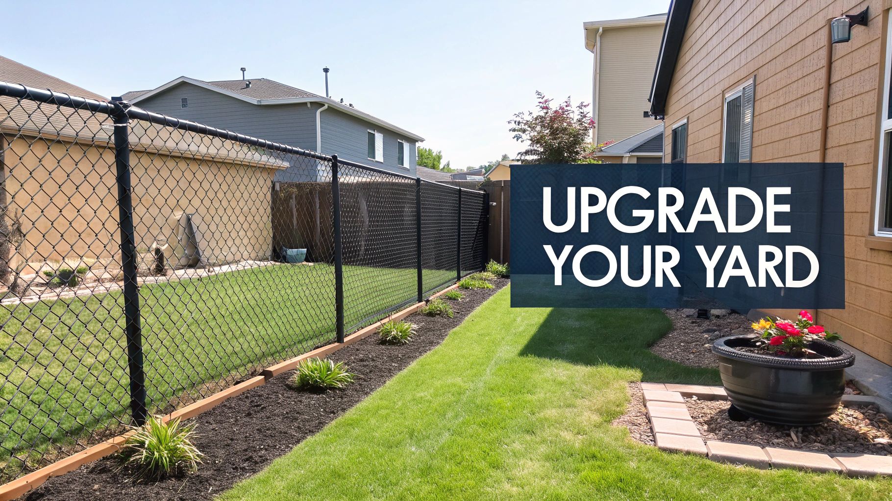 Residential backyard with black chain link fence, privacy slats, and well-kept landscaping.