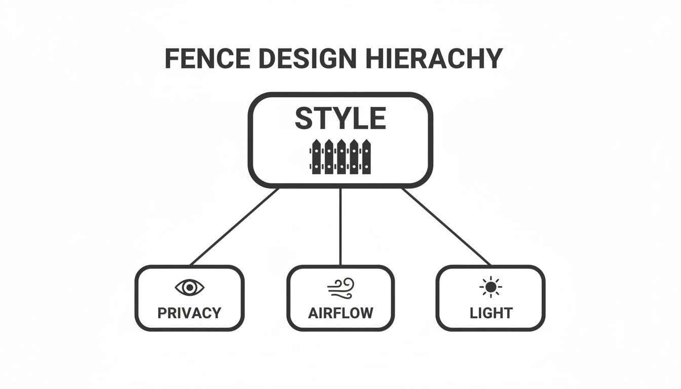 A hierarchy diagram titled Fence Design Hierarchy, showing Style as the top level, branching into Privacy, Airflow, and Light.