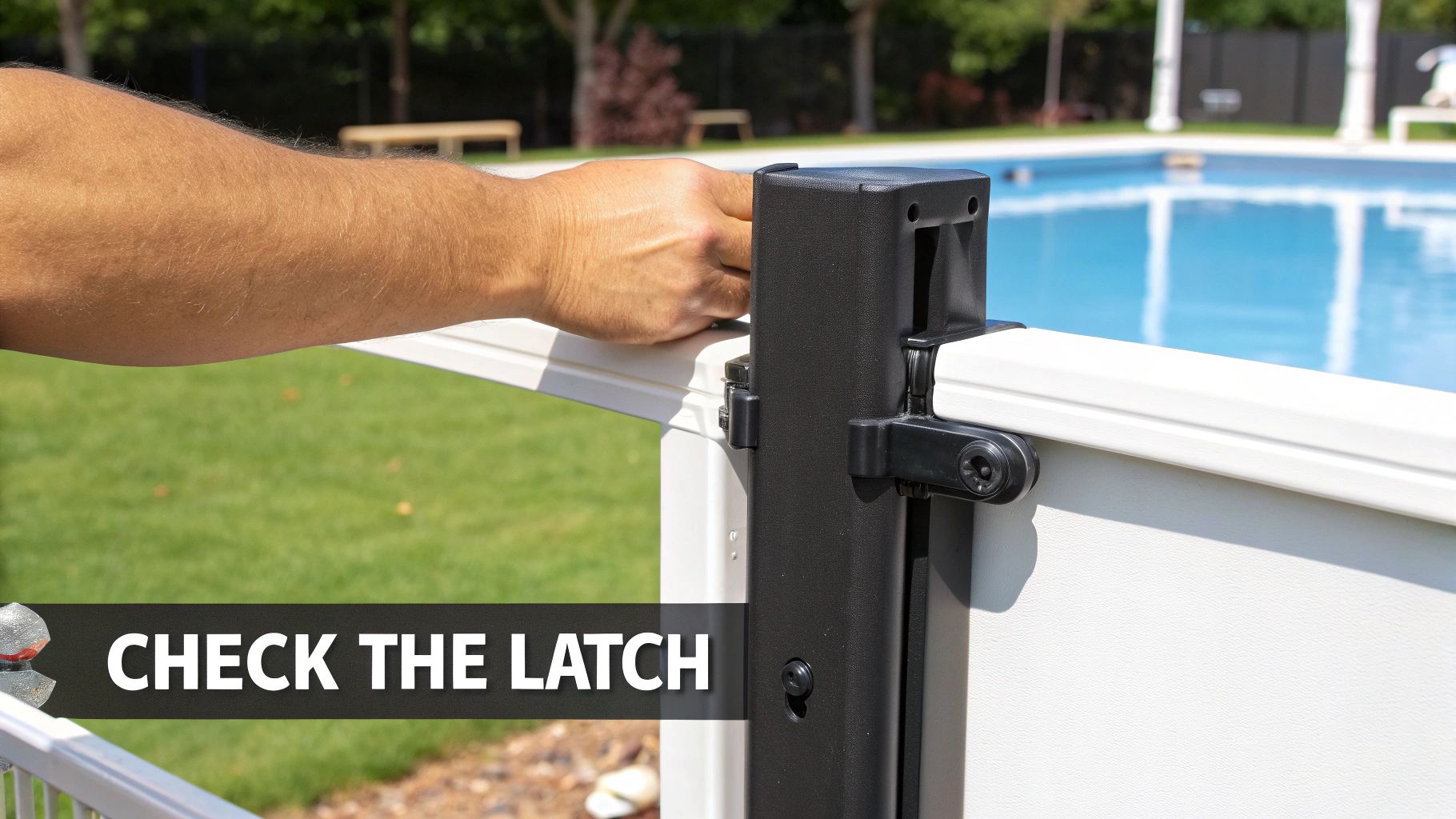 A person's arm checks the black latch on a white swimming pool safety fence next to a blue pool.
