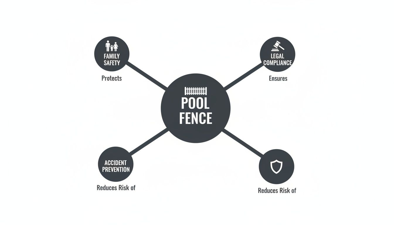 A diagram illustrating the benefits of a pool fence for family safety, legal compliance, and accident prevention.