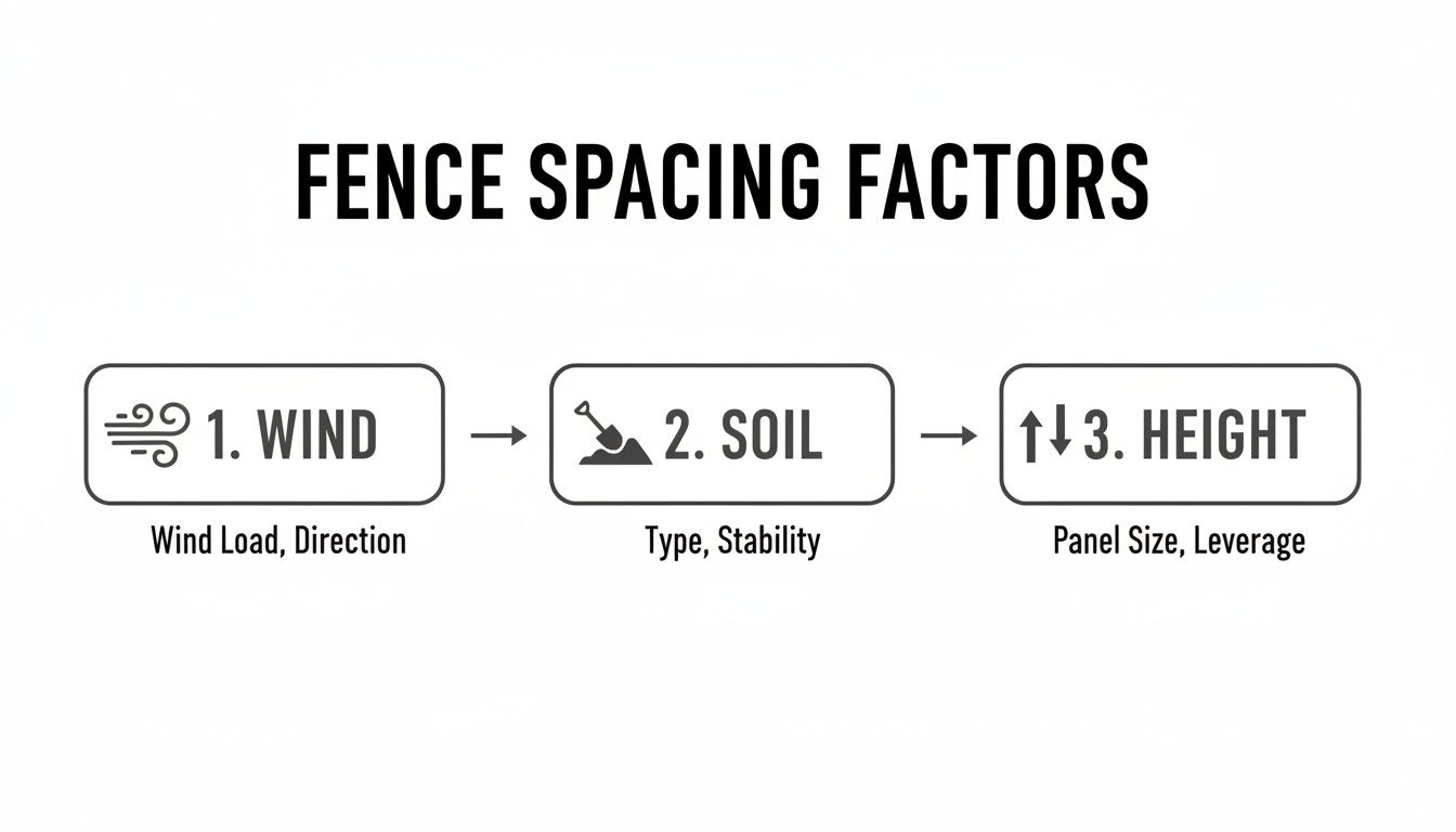 A diagram outlining three crucial fence spacing factors: wind load, soil type, and fence height with detailed sub-points.