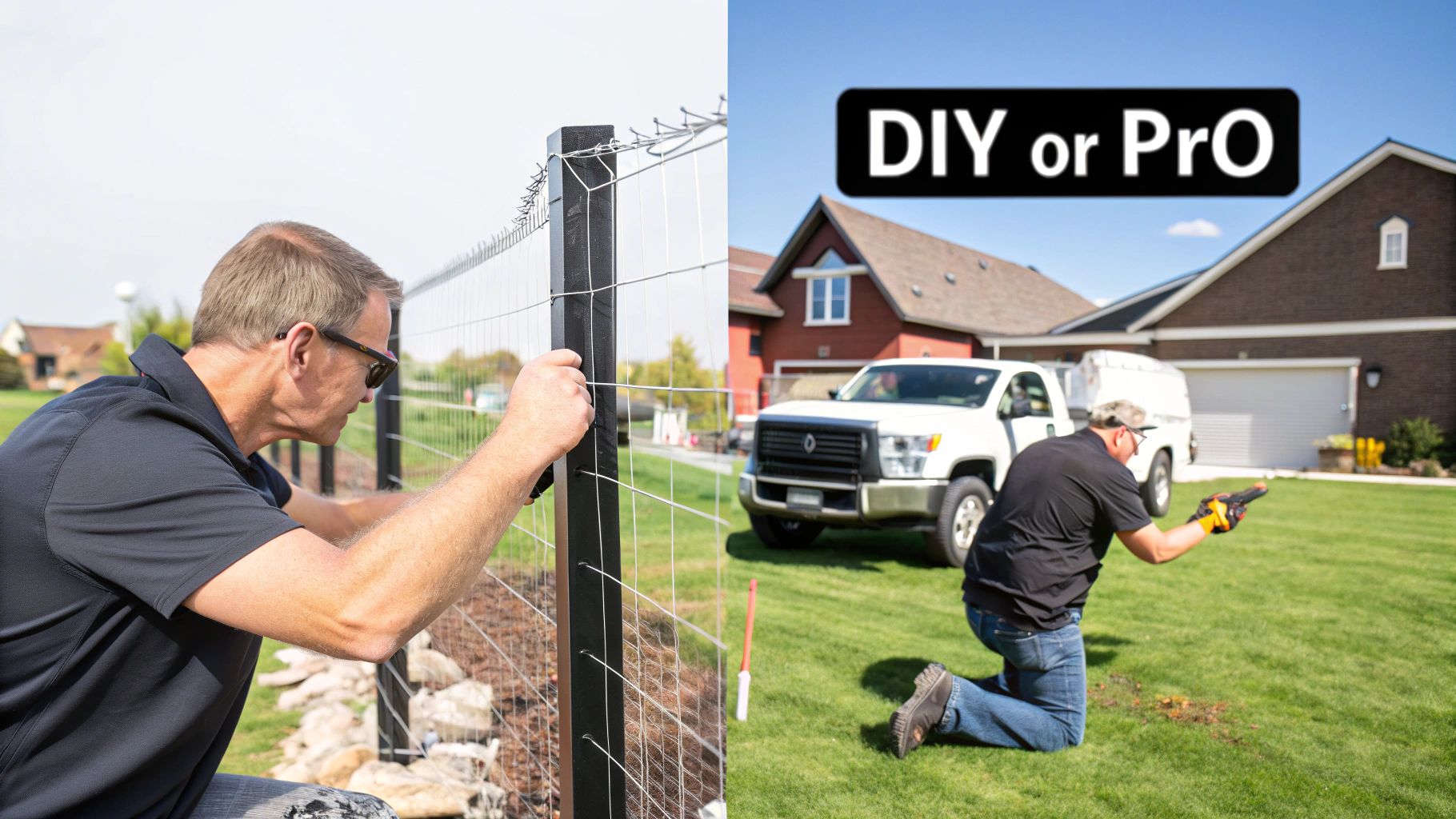 Two men, one installing a wire fence, the other treating a lawn, representing DIY or professional tasks.