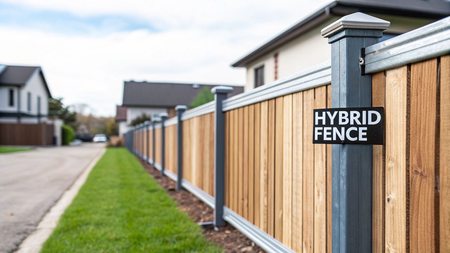A modern hybrid fence with light wooden panels and dark metal posts along a residential street.
