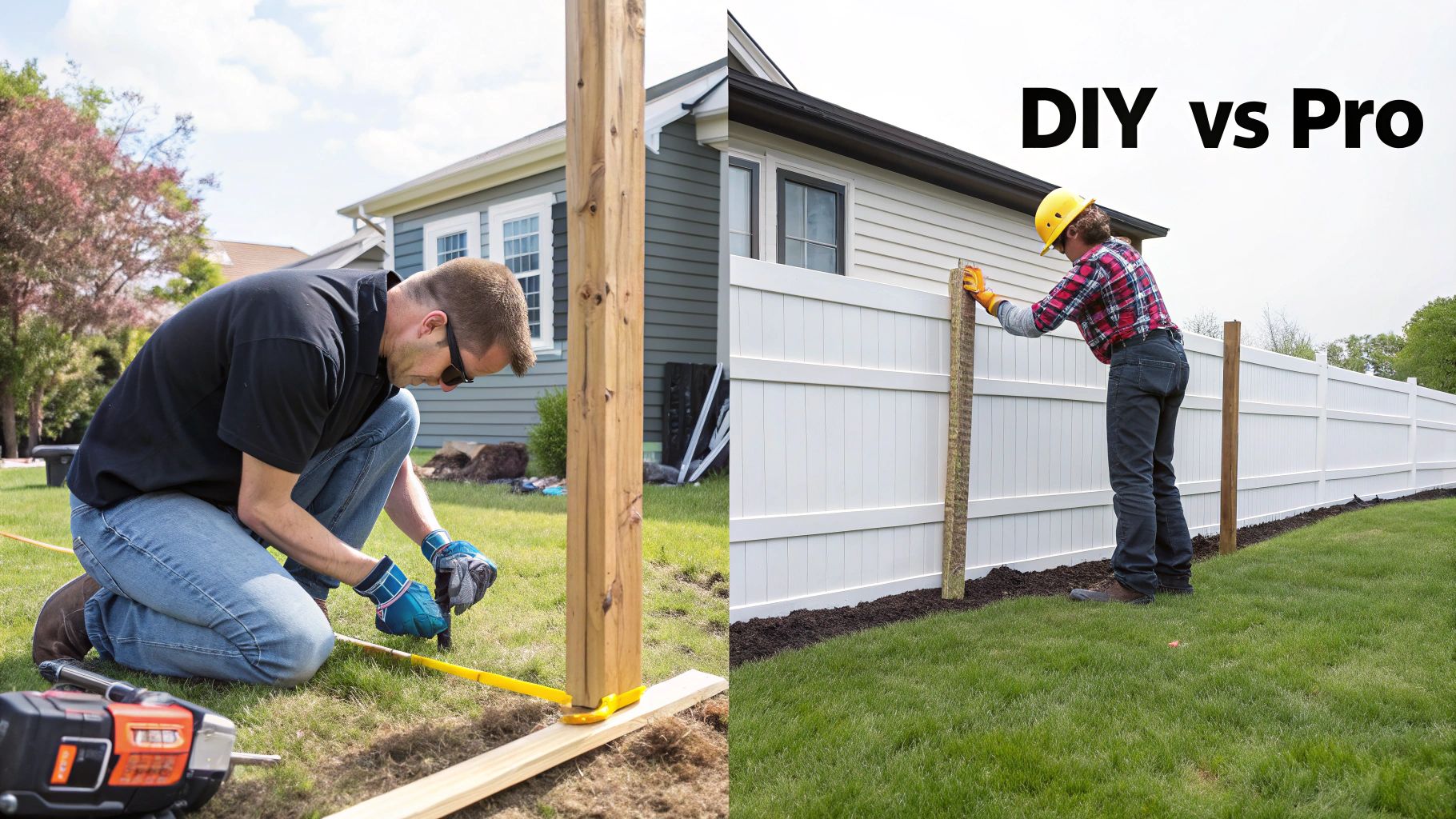 A split image illustrating DIY versus professional fence installation on a residential property.