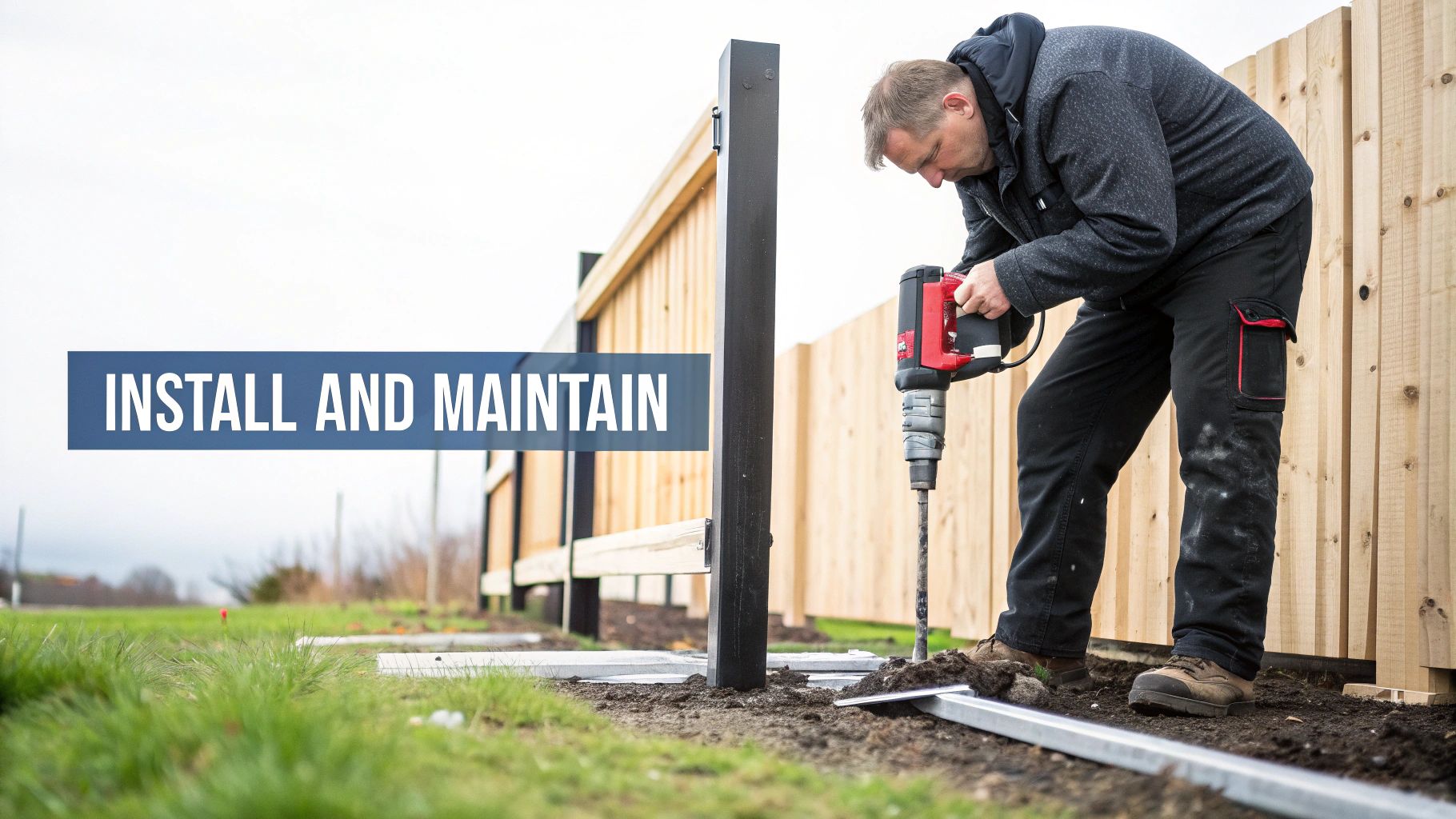 A man uses a power drill to install a fence post next to a new wooden fence, with text 'INSTALL AND MAINTAIN'.