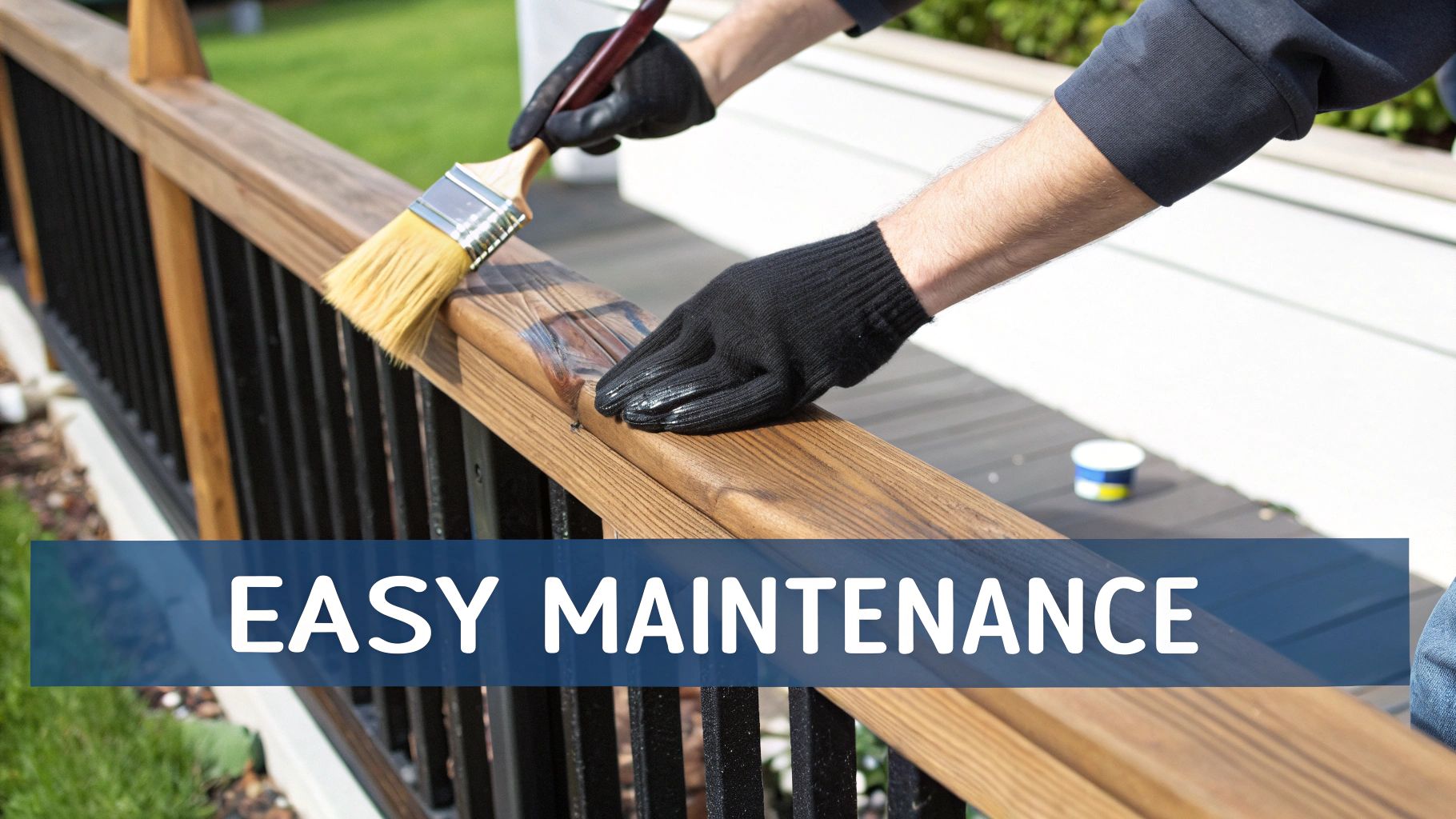 A person in gloves applies wood stain with a brush to a wooden deck railing, emphasizing easy maintenance.