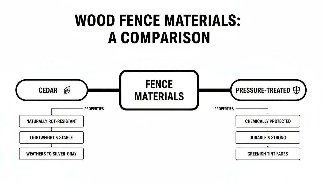 A comparison chart of wood fence materials, detailing properties of Cedar and Pressure-Treated wood.