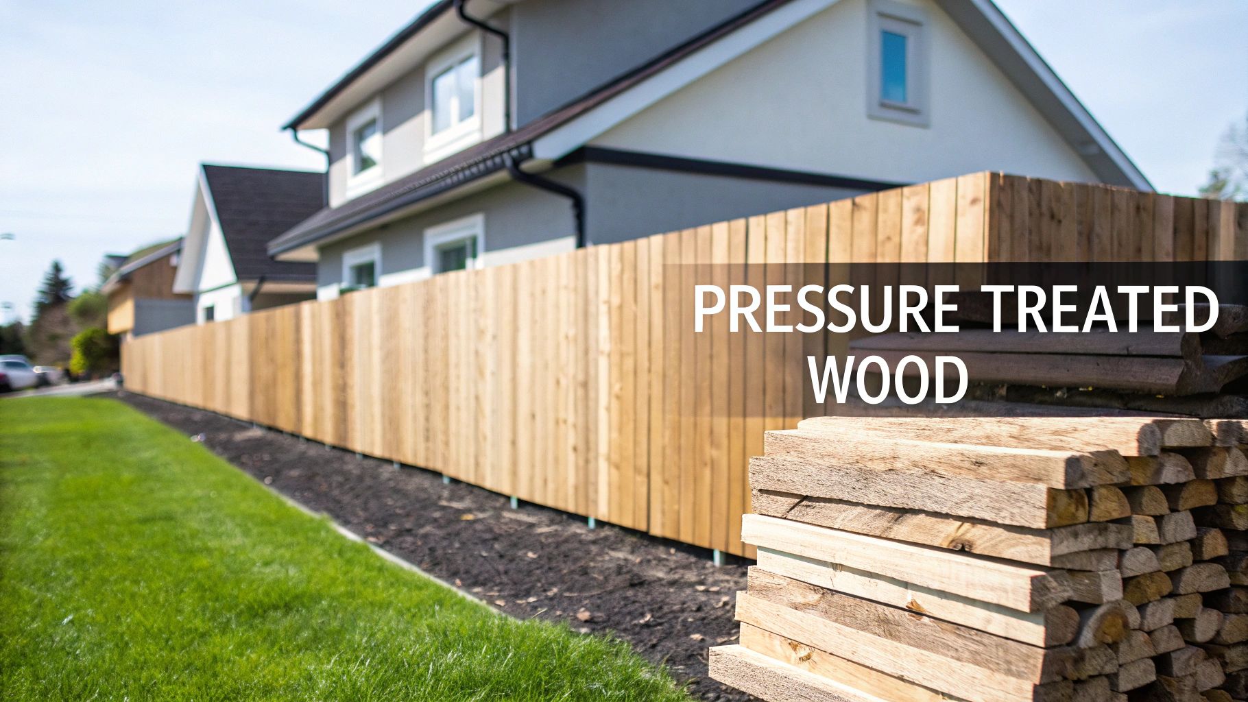 A long, new pressure-treated wooden fence alongside a green lawn, with a stack of wood in the foreground.