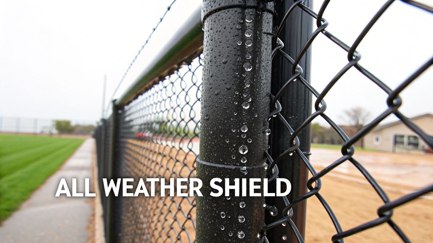 A detailed shot of a black vinyl-coated chain link fence, highlighting its texture and durability.