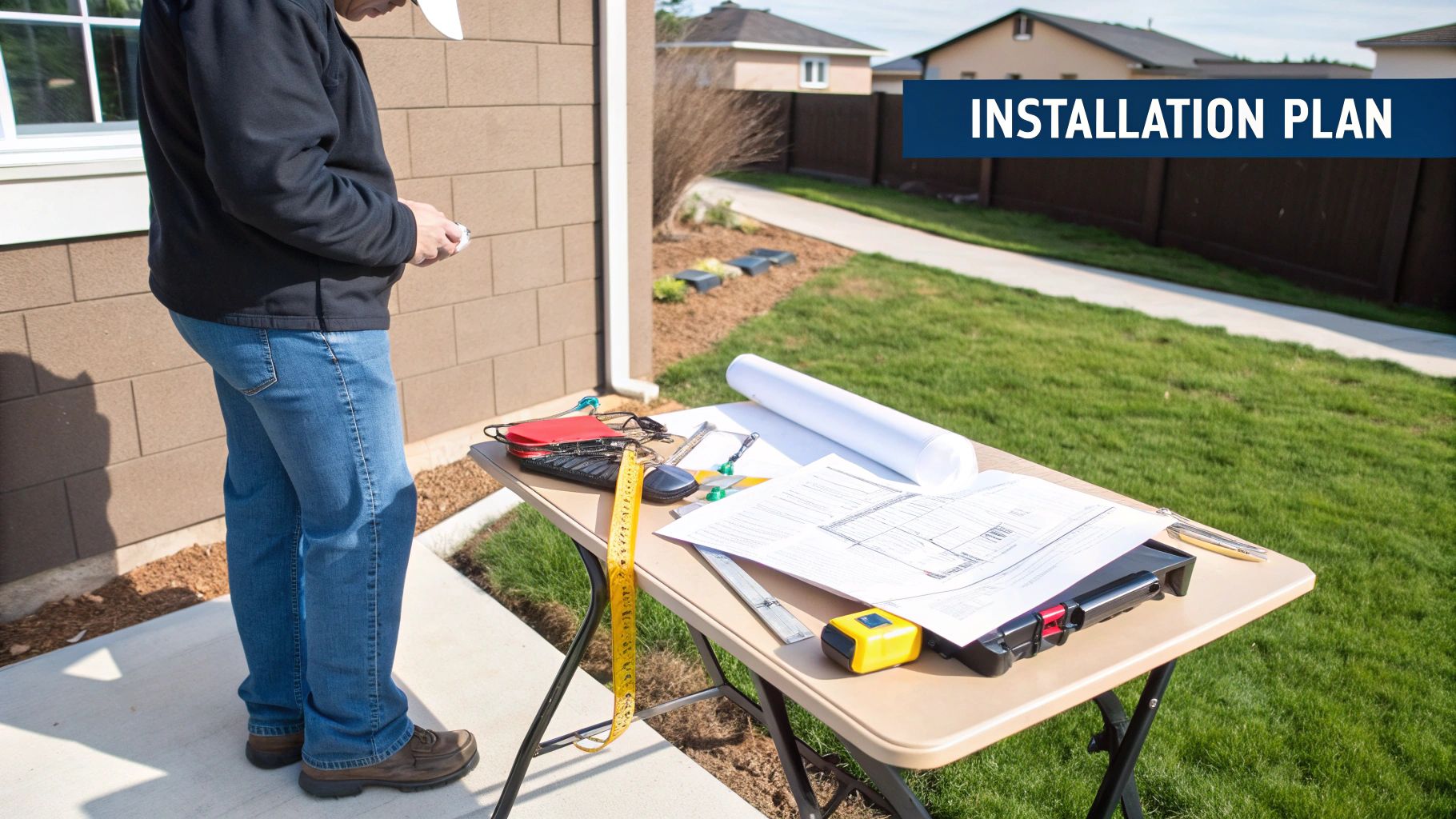 An individual reviews an installation plan with blueprints and tools on a table for a home project.