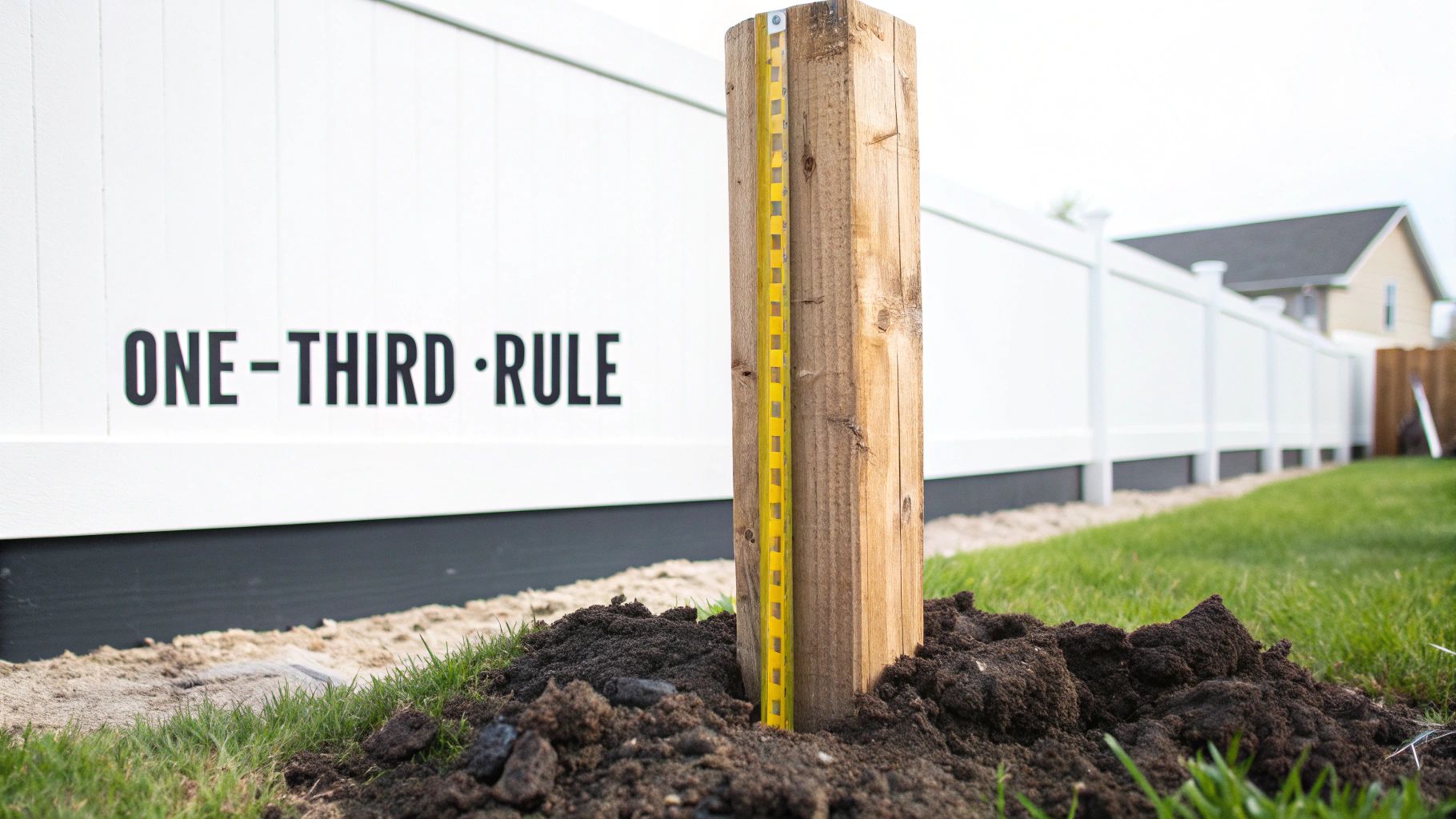 A wooden fence post with a tape measure, illustrating the &#39;ONE-THIRD RULE&#39; for fence post depth.