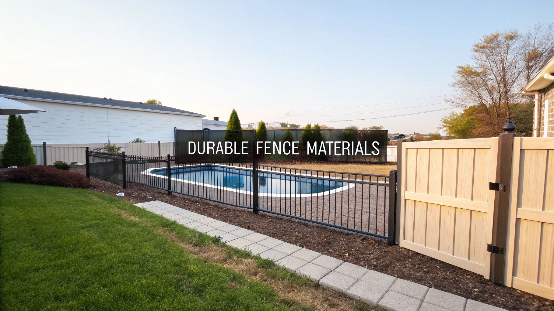 A black metal fence surrounds an inground swimming pool in a sunny backyard with a privacy gate.