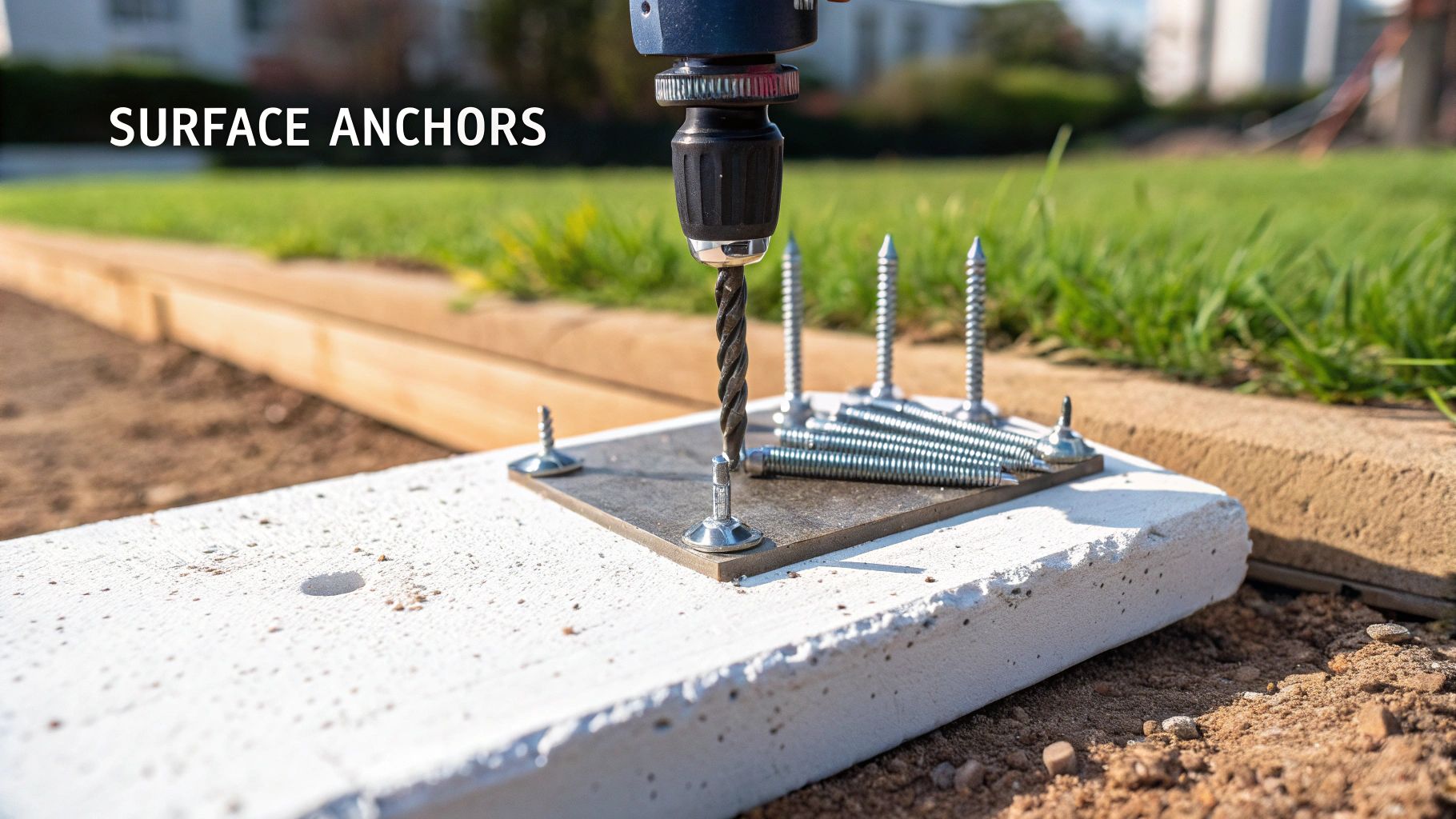 A drill is shown making a hole in a surface anchor plate attached to a concrete slab, with screws nearby.