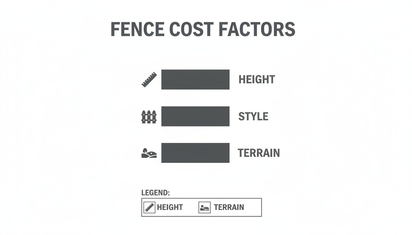 Infographic illustrating fence cost factors including height, style, and terrain with icons.