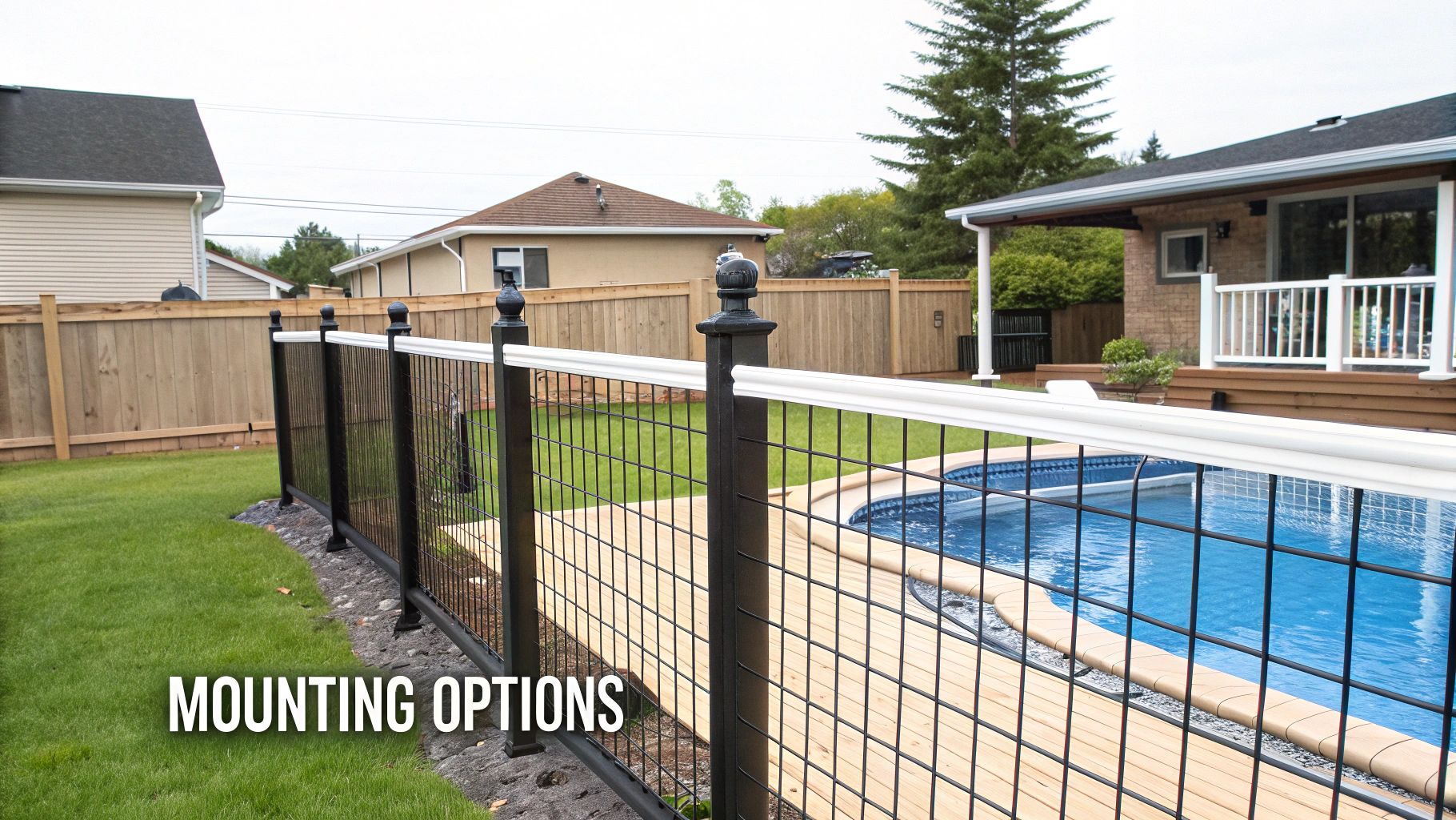 Black mesh fence with white rail installed around an above-ground swimming pool in a grassy backyard.