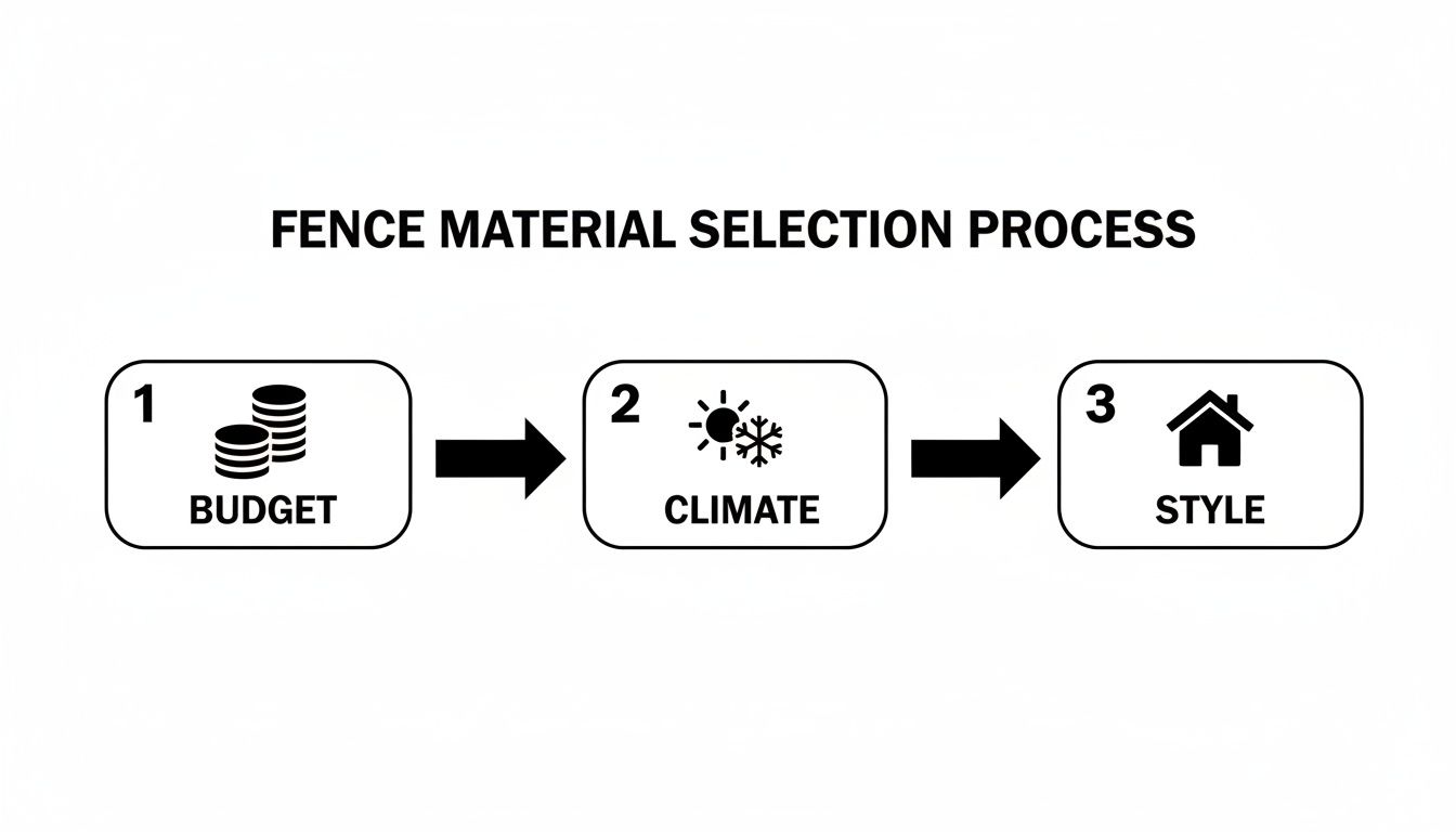 Flowchart illustrating the three key steps in fence material selection: Budget, Climate, and Style.