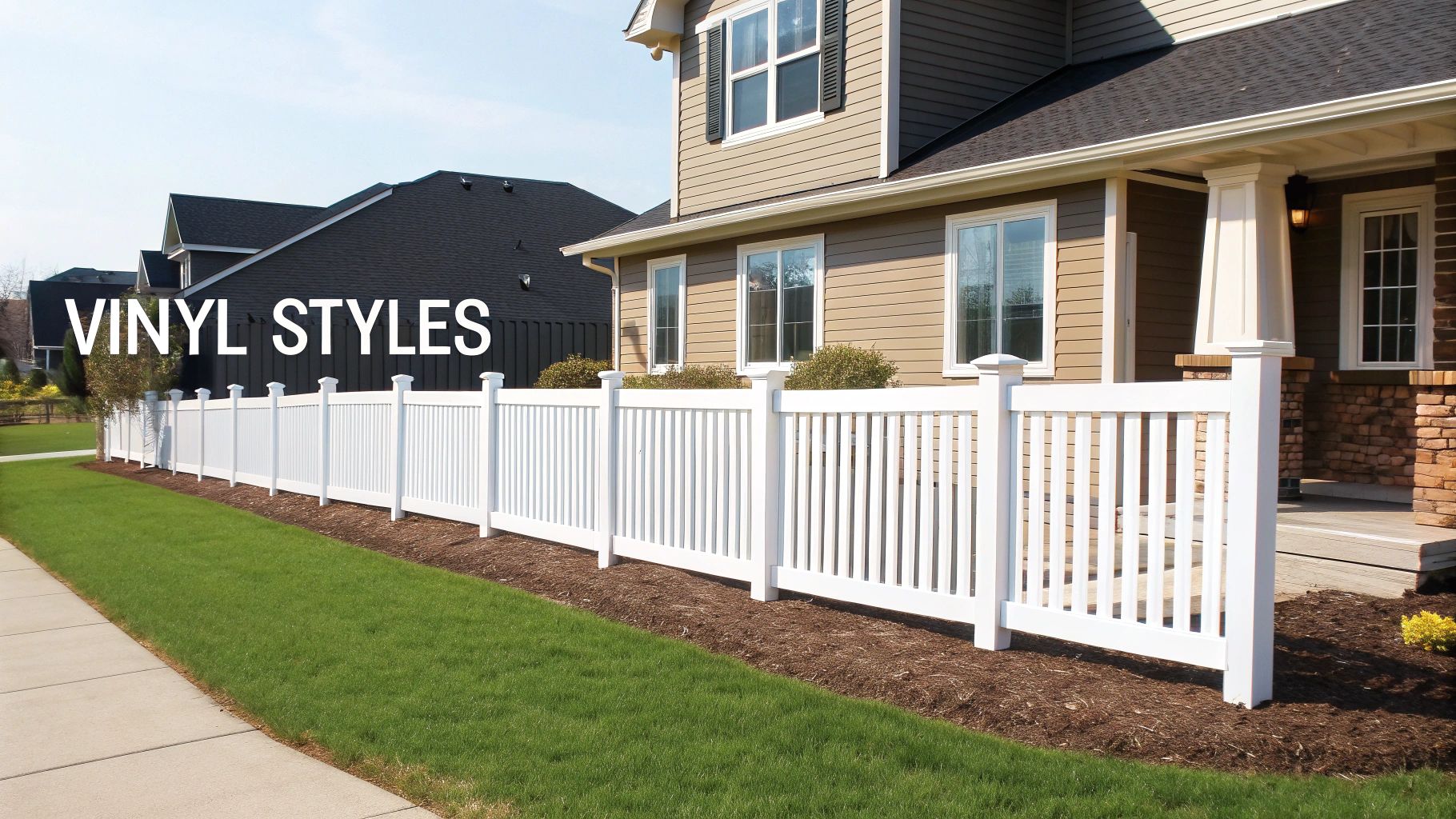 White vinyl fence styles displayed in front of modern suburban home with manicured lawn