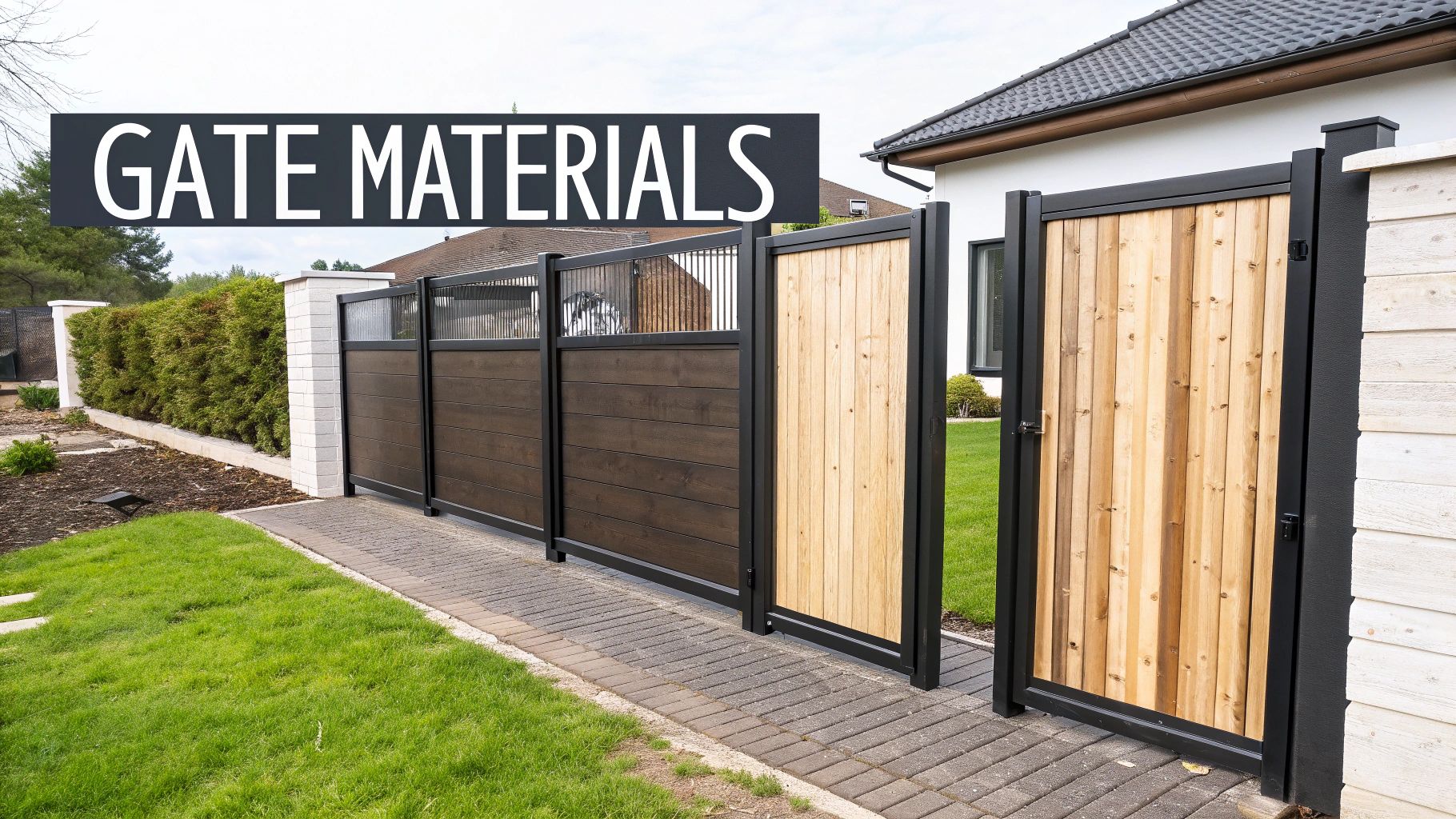 A stylish and secure pool gate leading to a backyard pool area.