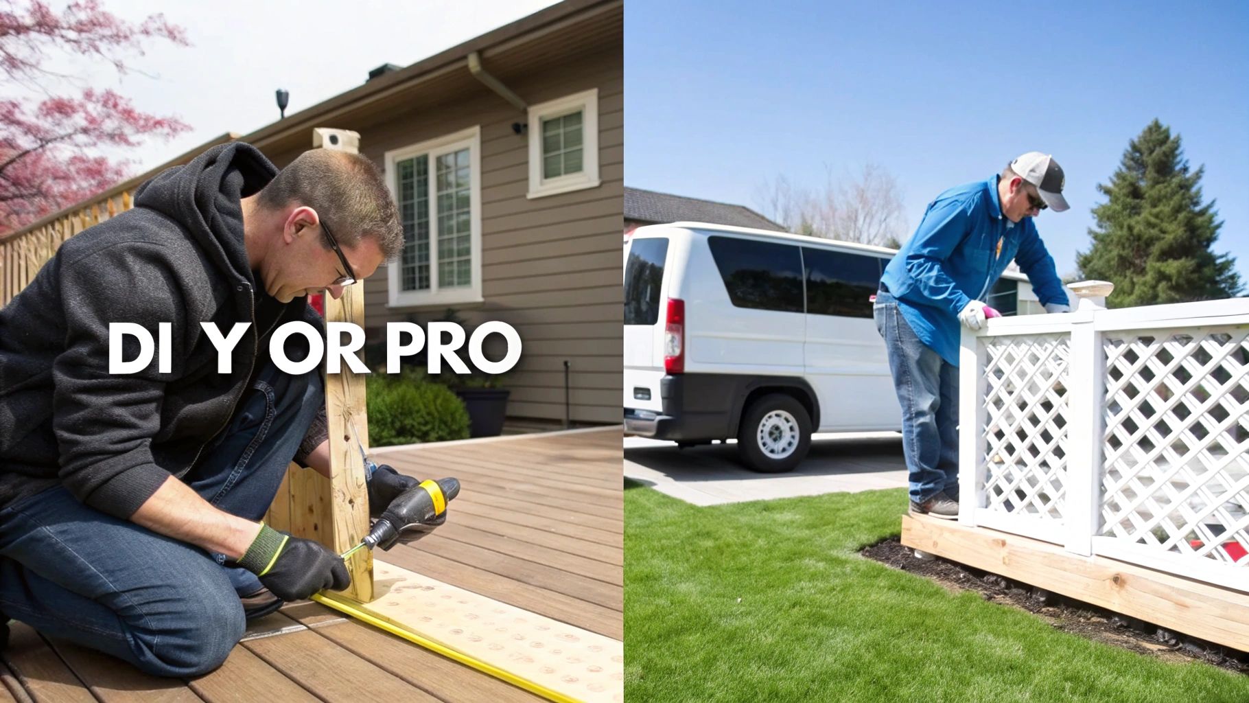 Split image showing a DIYer building a wooden deck railing and a professional installing a white lattice fence.