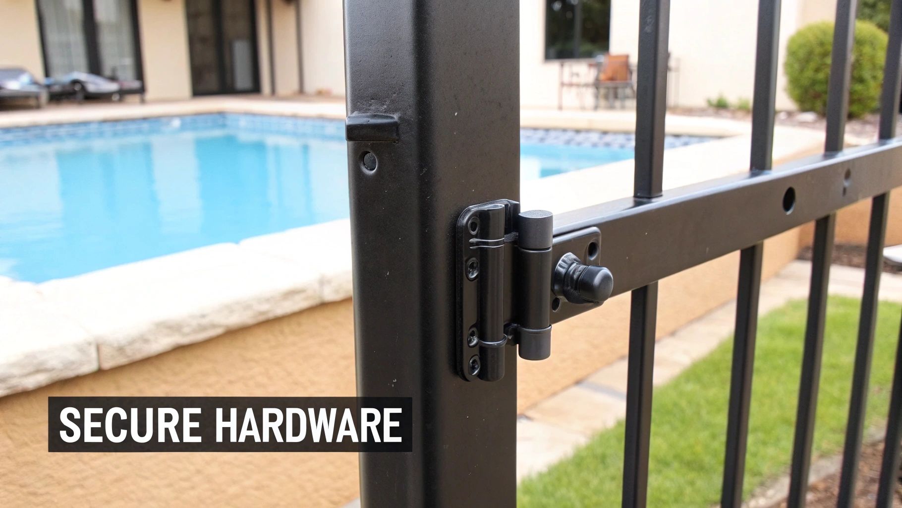 A close-up view of a secure, self-latching mechanism on a modern pool gate.