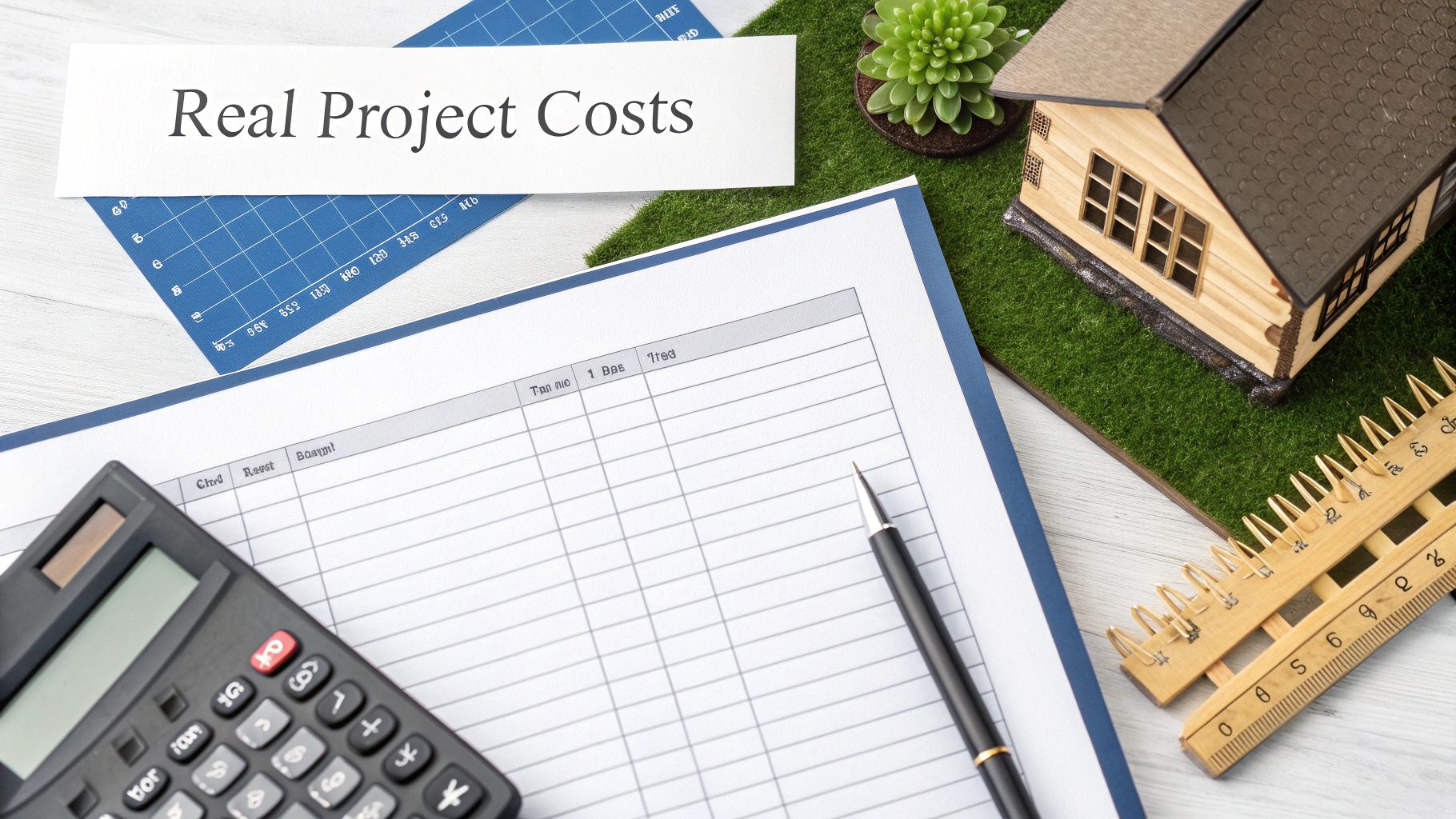 Overhead shot of project cost planning tools: calculator, blueprints, house model, and document.