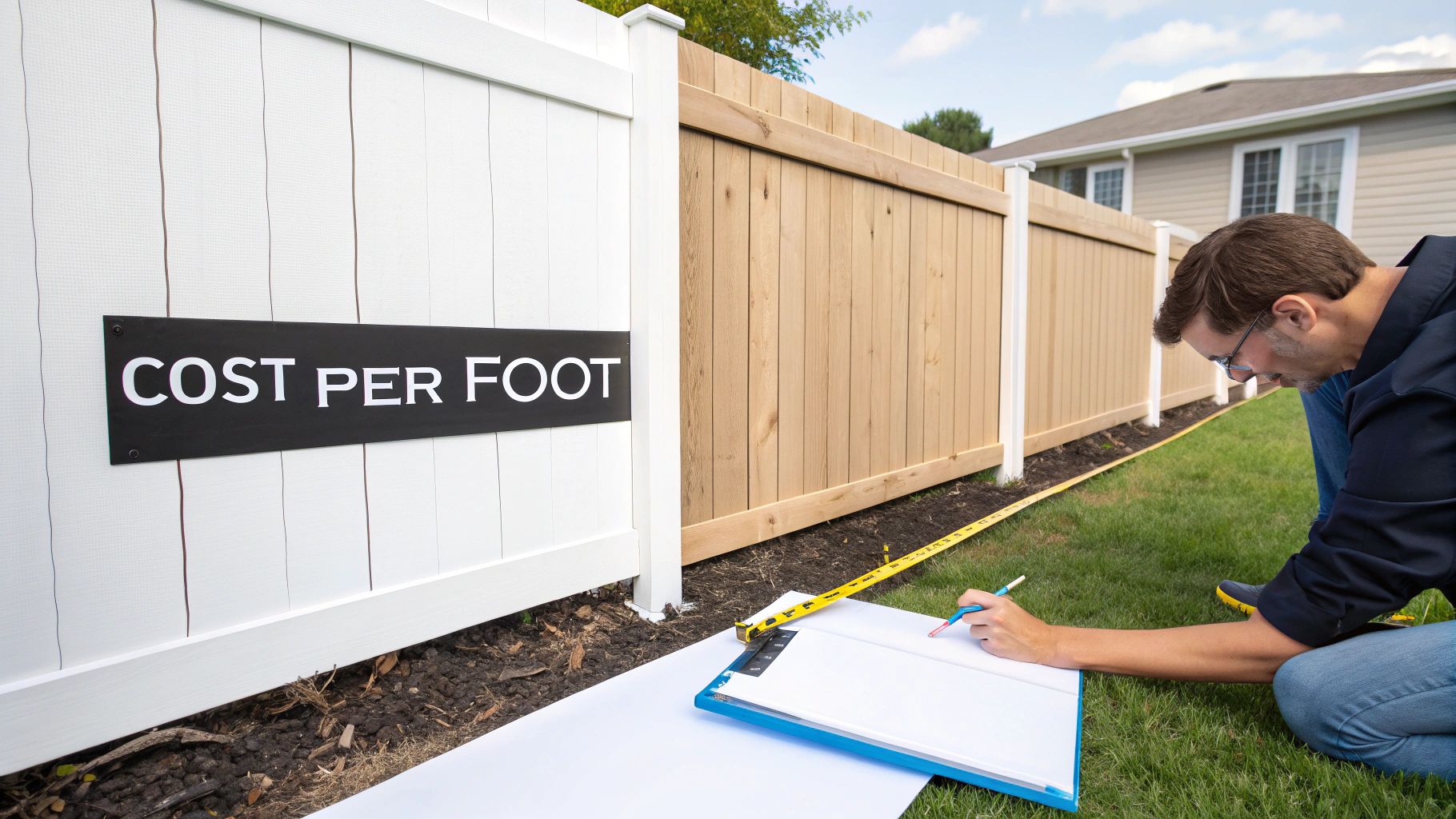 Man measures a fence to estimate its cost per foot, showing a white vinyl and wood section.