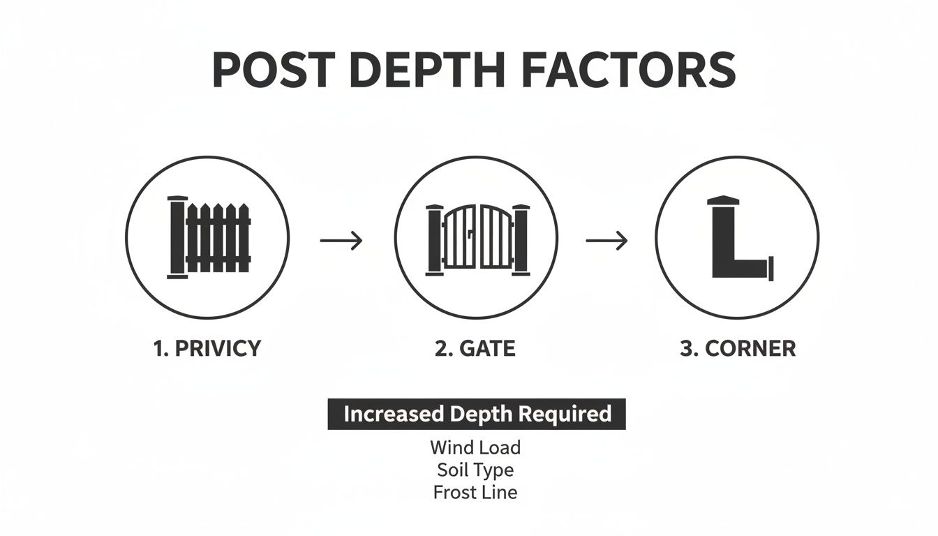 Diagram illustrating fence post depth factors: privacy, gate, corner, wind load, soil type, and frost line.