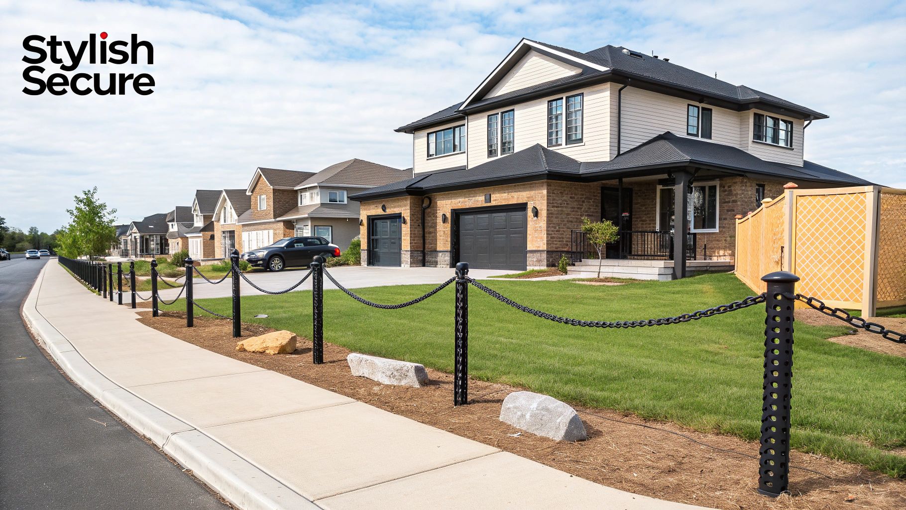 A sleek black chain link fence enclosing a modern residential property.