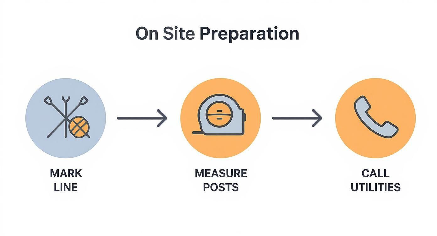 Infographic showing three steps for on-site preparation: mark line, measure posts, and call utilities.