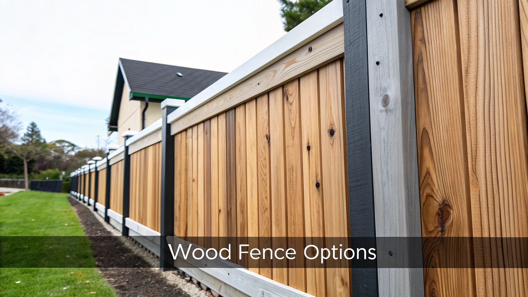A modern wooden fence with light brown panels and dark posts extends along a green lawn.