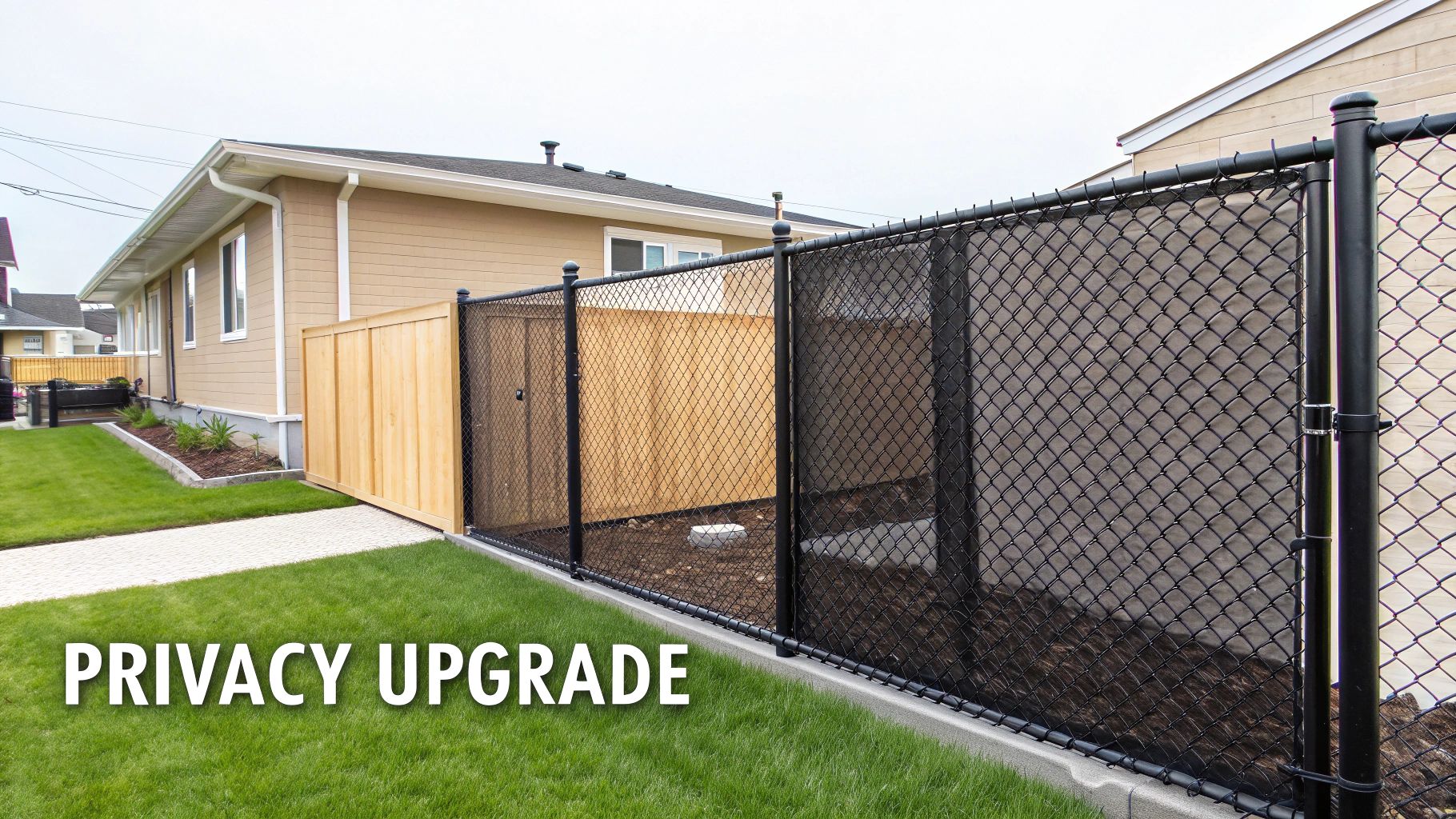A backyard showing a black chain link fence with privacy slats next to a house and green lawn.