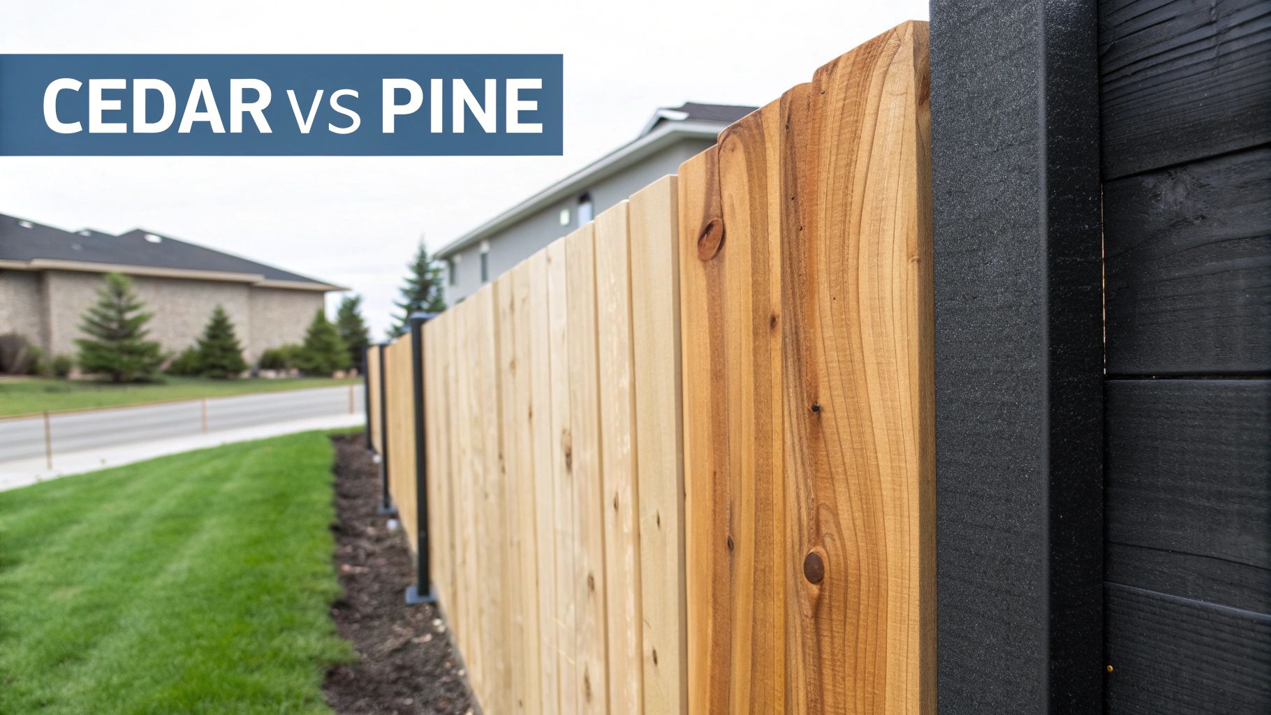 Side view of a natural wood fence comparing cedar and pine, next to a green lawn.