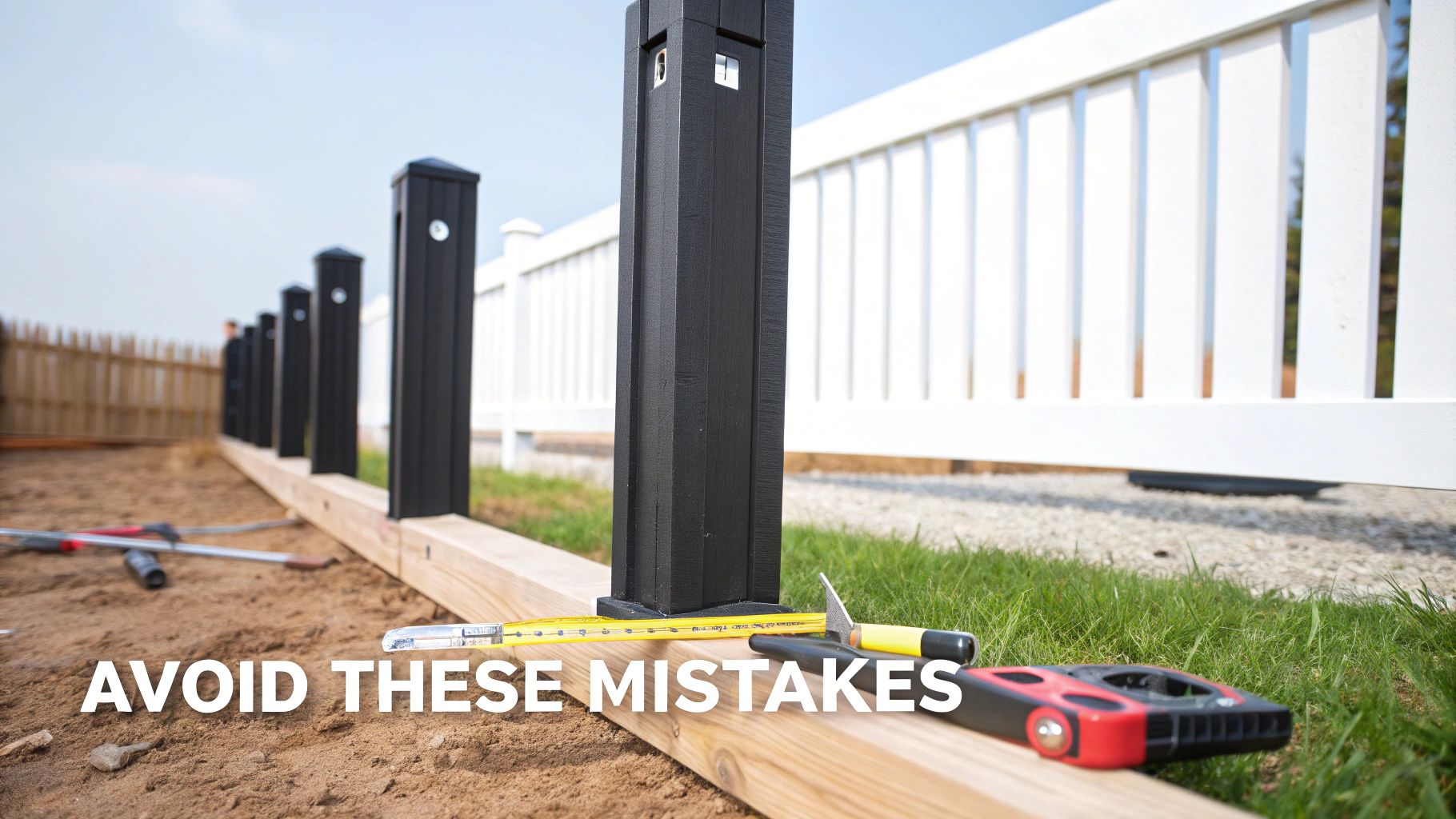A row of black fence posts being installed on a wooden beam with tools on sandy ground.