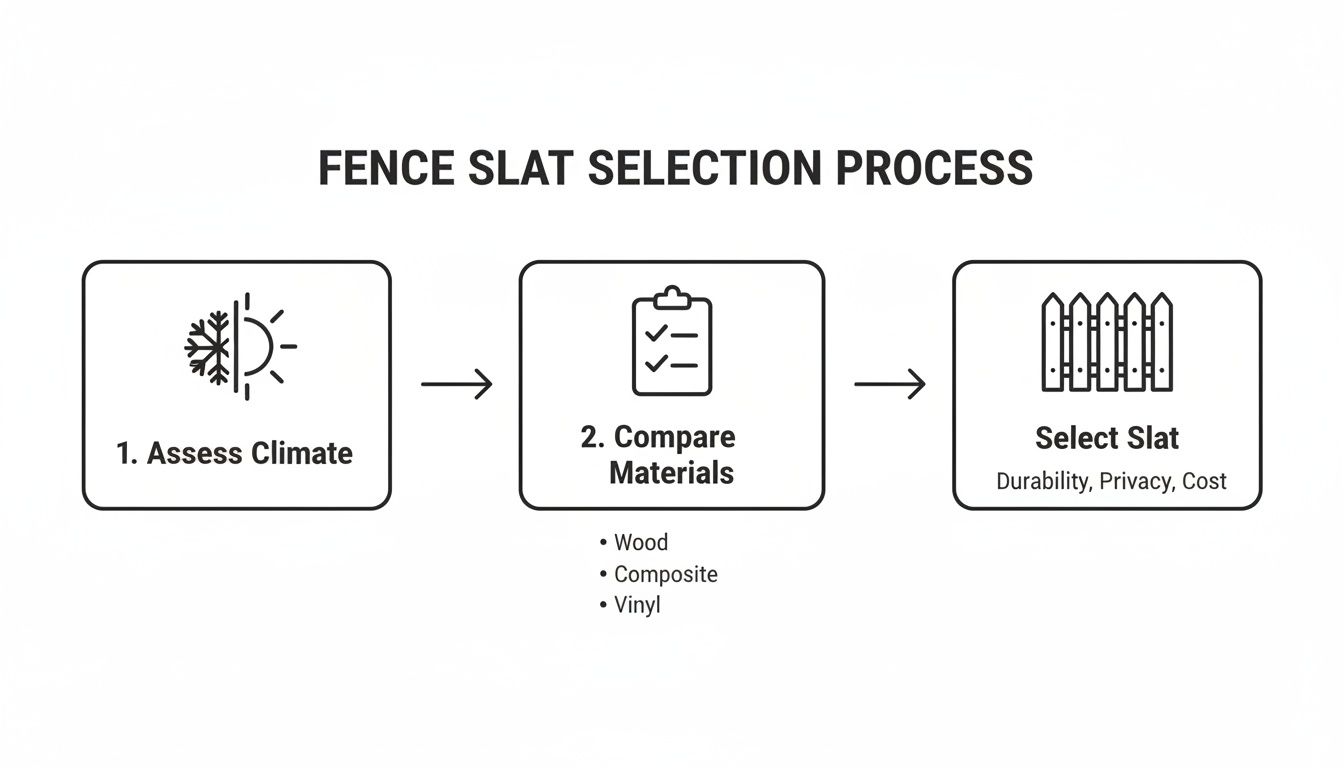 An infographic showing a three-step process for selecting fence slats based on climate and material comparison.
