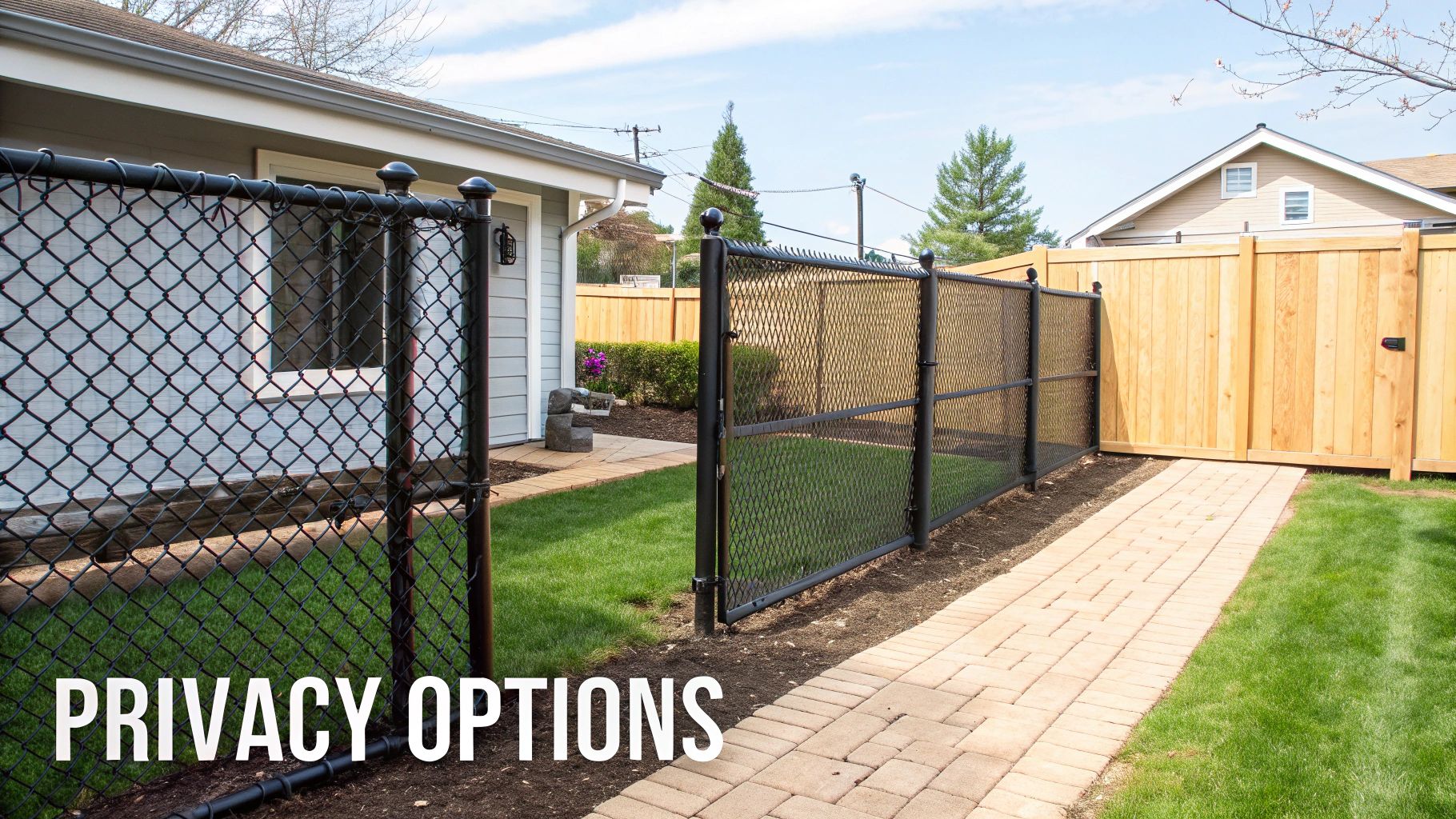 A black chain link fence with dark privacy slats installed in a residential backyard.