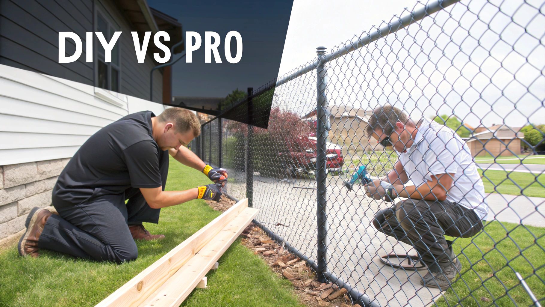 Two men working on fence installation, one DIY and one professional, contrasting approaches.