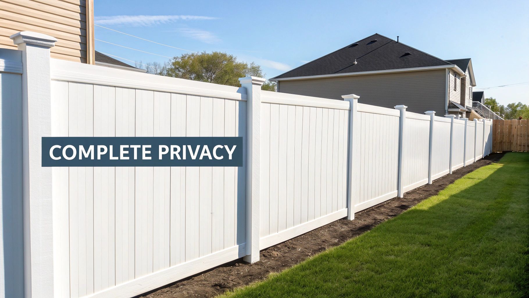 A tall, solid wooden privacy fence provides complete seclusion for a residential backyard.
