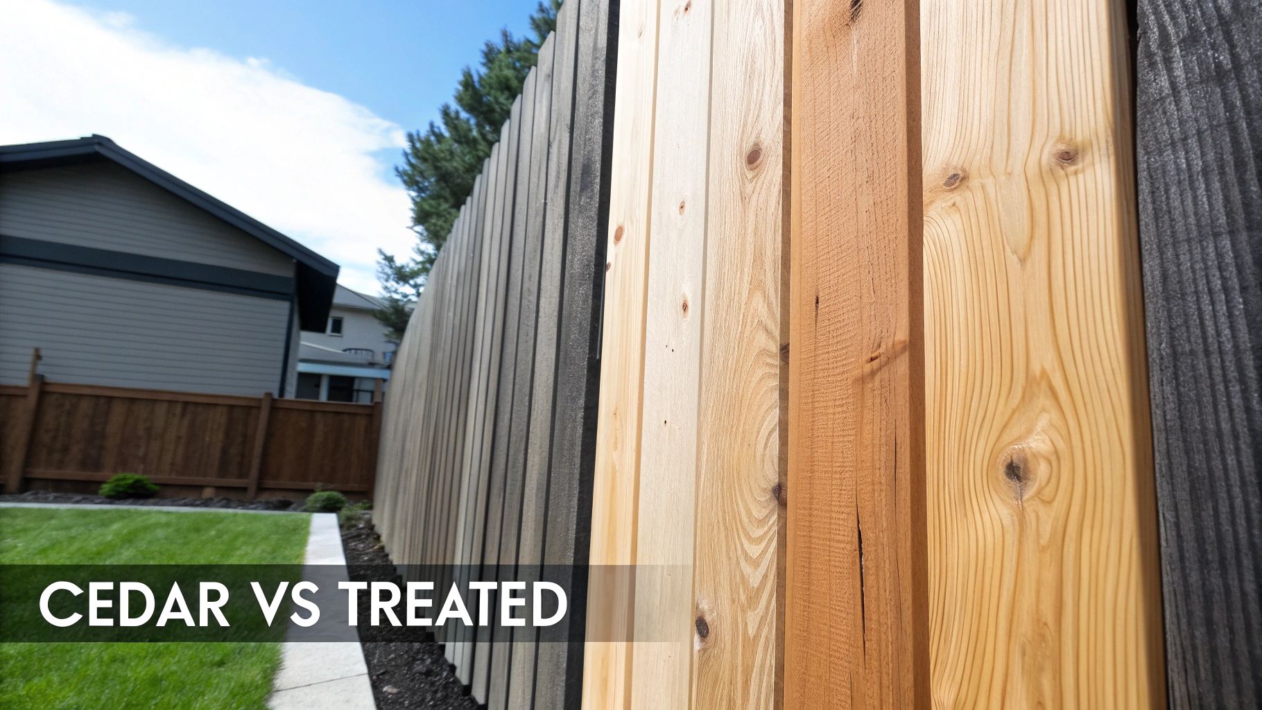 Side-by-side display of various wood fence types, including cedar and treated lumber, in a backyard setting.