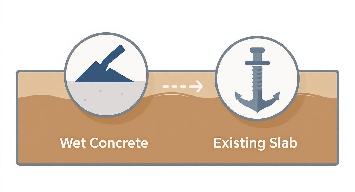 An illustration showing wet concrete being applied and anchored to an existing concrete slab.