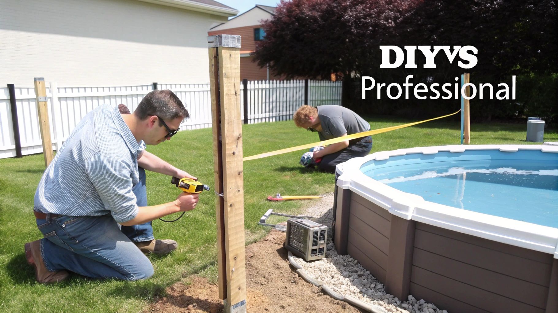 Two men installing a safety fence around an above-ground swimming pool in a sunny backyard.