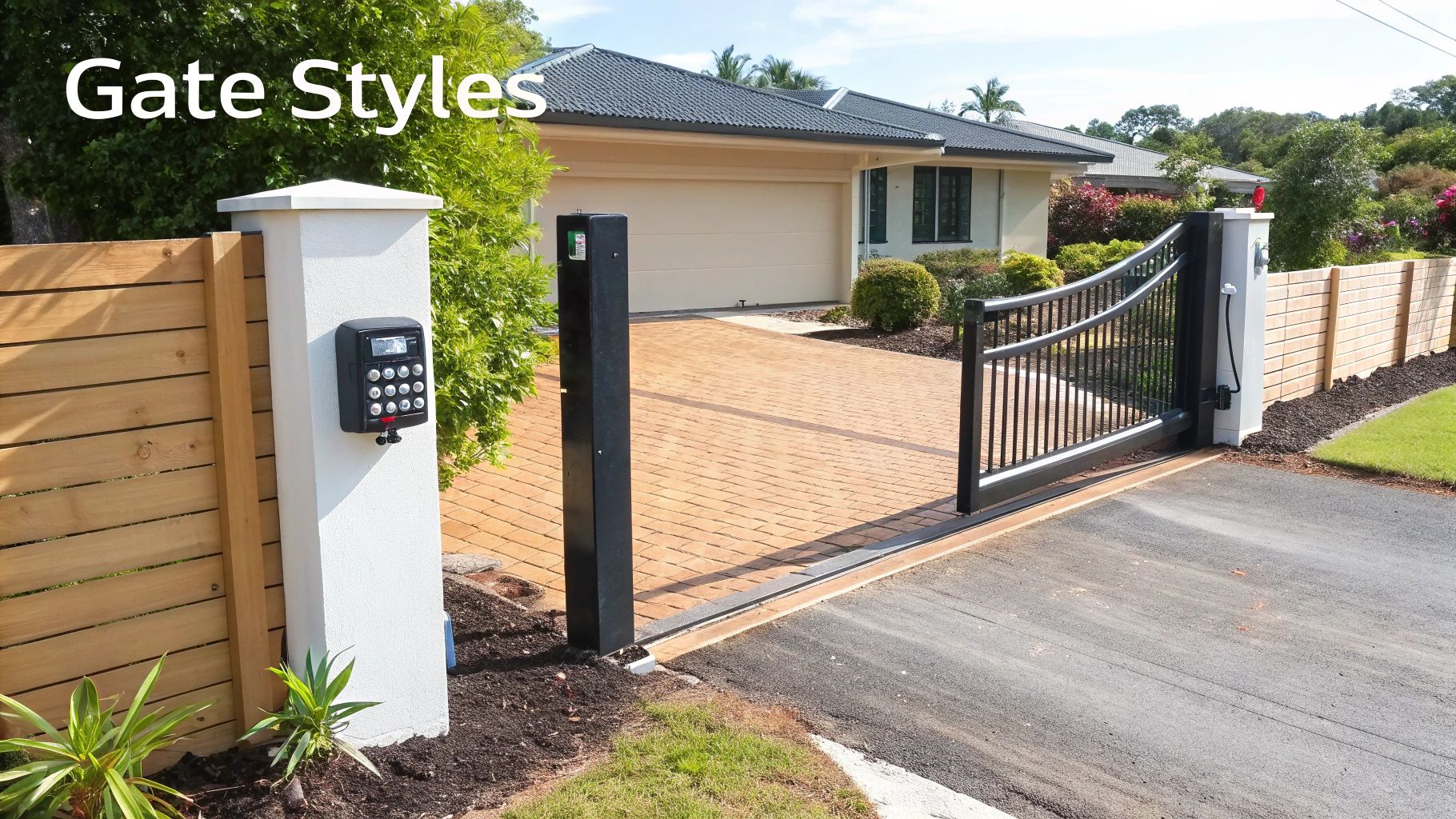 A modern automatic black metal sliding gate with a keypad entry system and a wooden fence leading to a house.