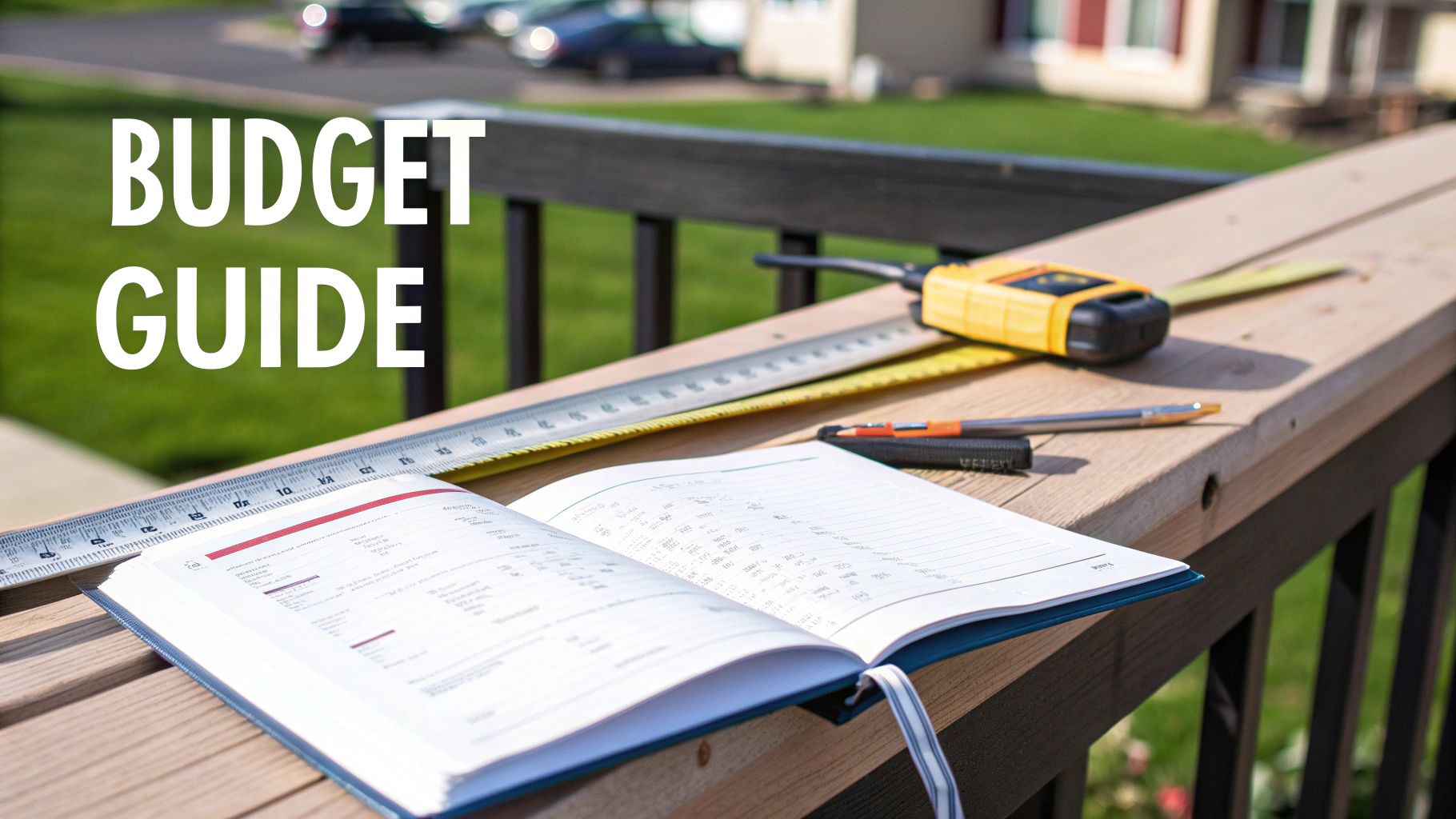 An open budget guide notebook with pens, measuring tape, and a laser on a deck railing.