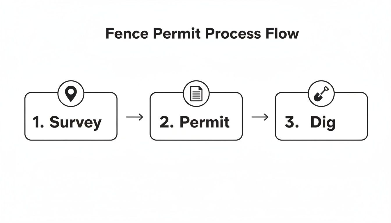 Flowchart illustrating the three-step fence permit process: Survey, Permit, and Dig, with icons.