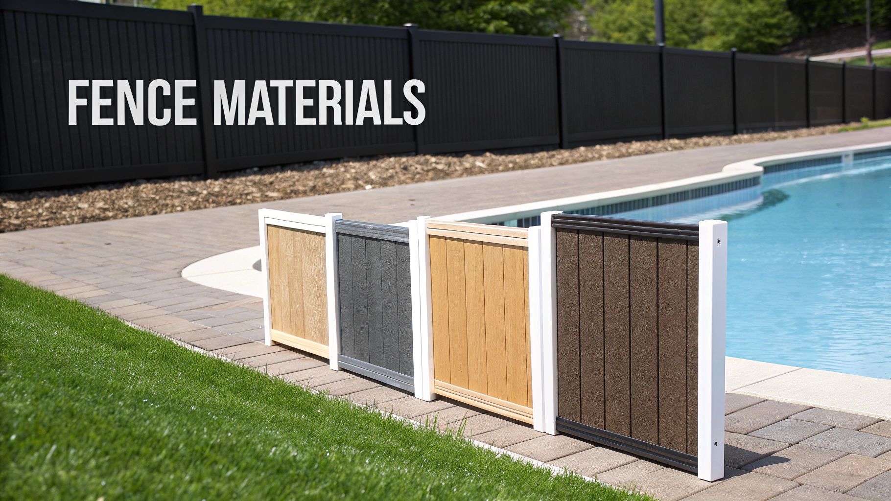 Samples of various fence materials, including wood-look and gray, displayed next to a blue swimming pool.
