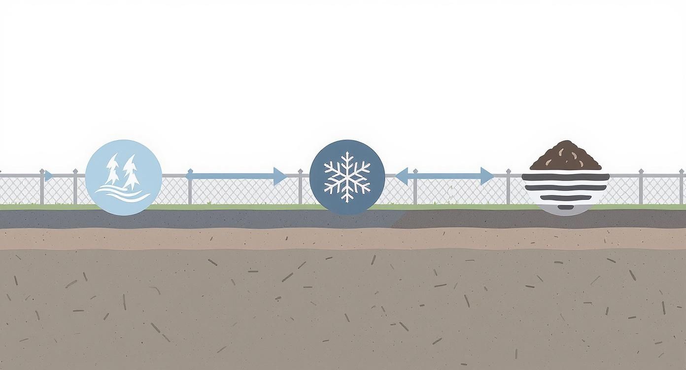 Illustration of ground conditions with a fence, showing environmental factors: nature, freezing, and soil composition.
